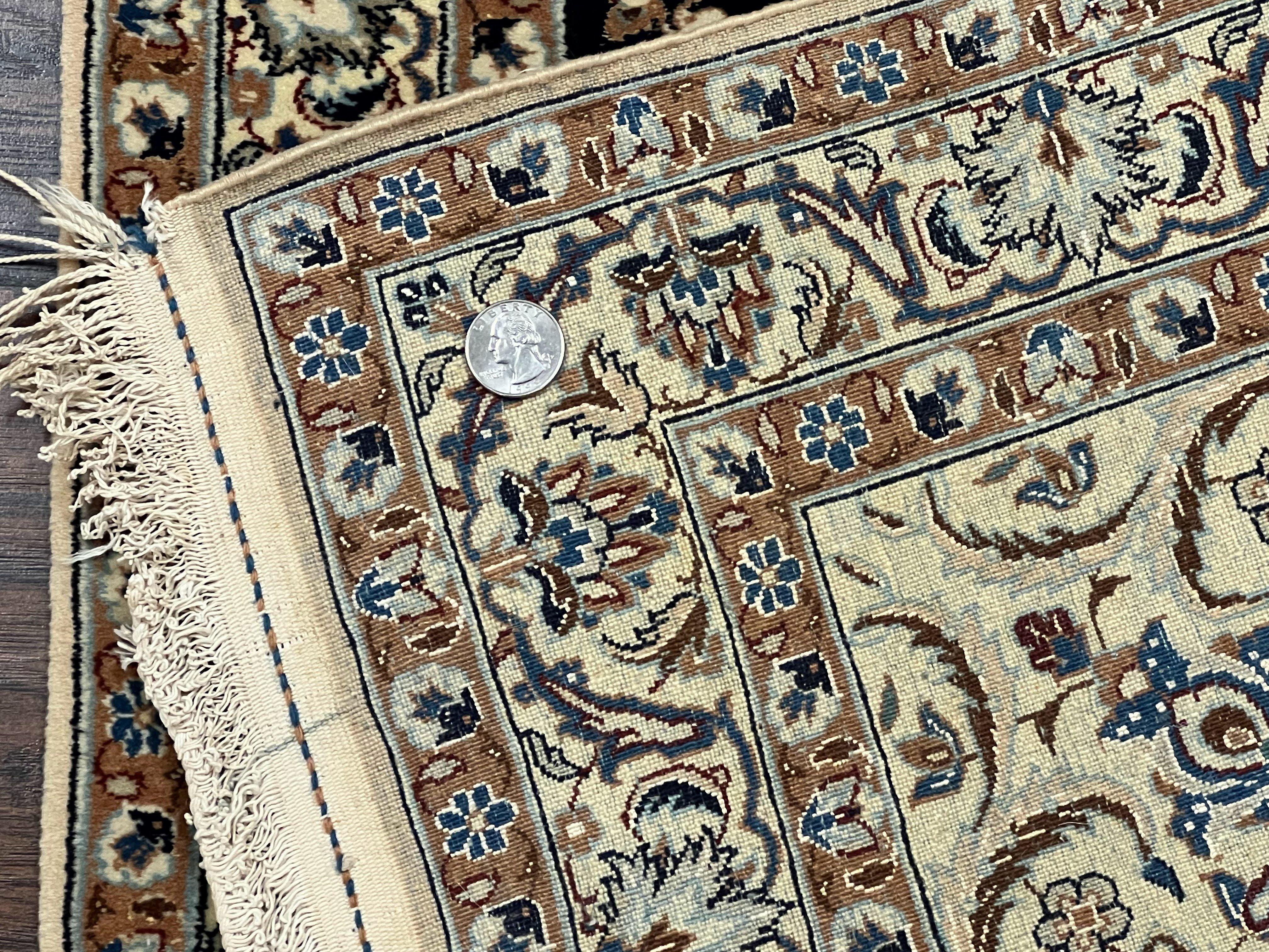 Fine Vintage Persian Nain Rug 2.8 x 4.2, Floral Medallion, Navy Blue and Cream, Highly Detailed, Small Oriental Rug 2.5 x 4, Hand Knotted Wool & Silk Accents - Jewel Rugs