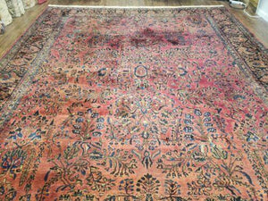 11' X 13' Antique Handmade Sarouk Floral Wool Rug Red Organic Nice - Jewel Rugs