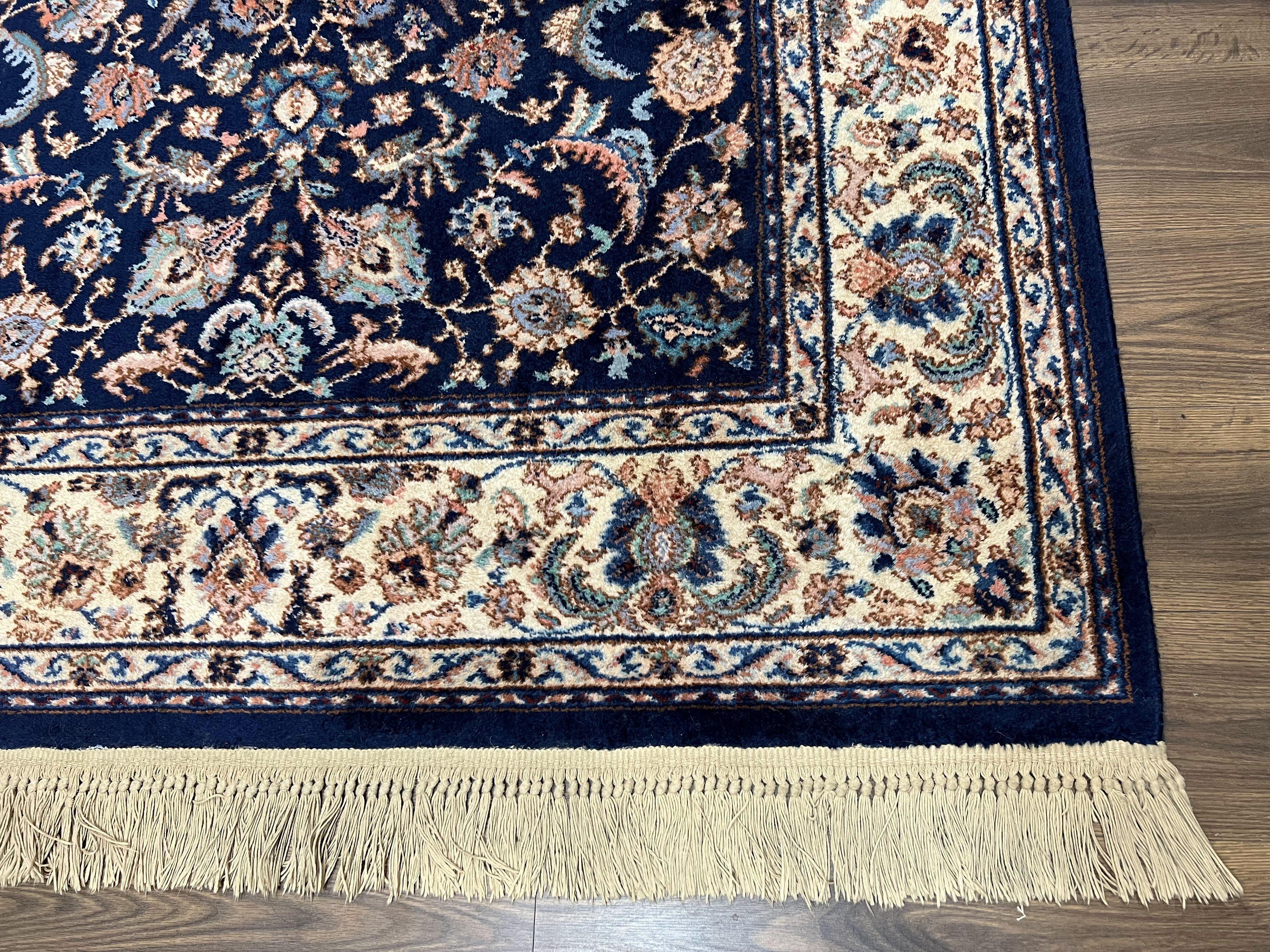 Karastan Rug #747, Indigo Tahbreez 5.9 x 9, Wool Carpet Original 700 Series, Vintage Area Rug Allover Floral, Discontinued, Navy Blue Ivory - Jewel Rugs