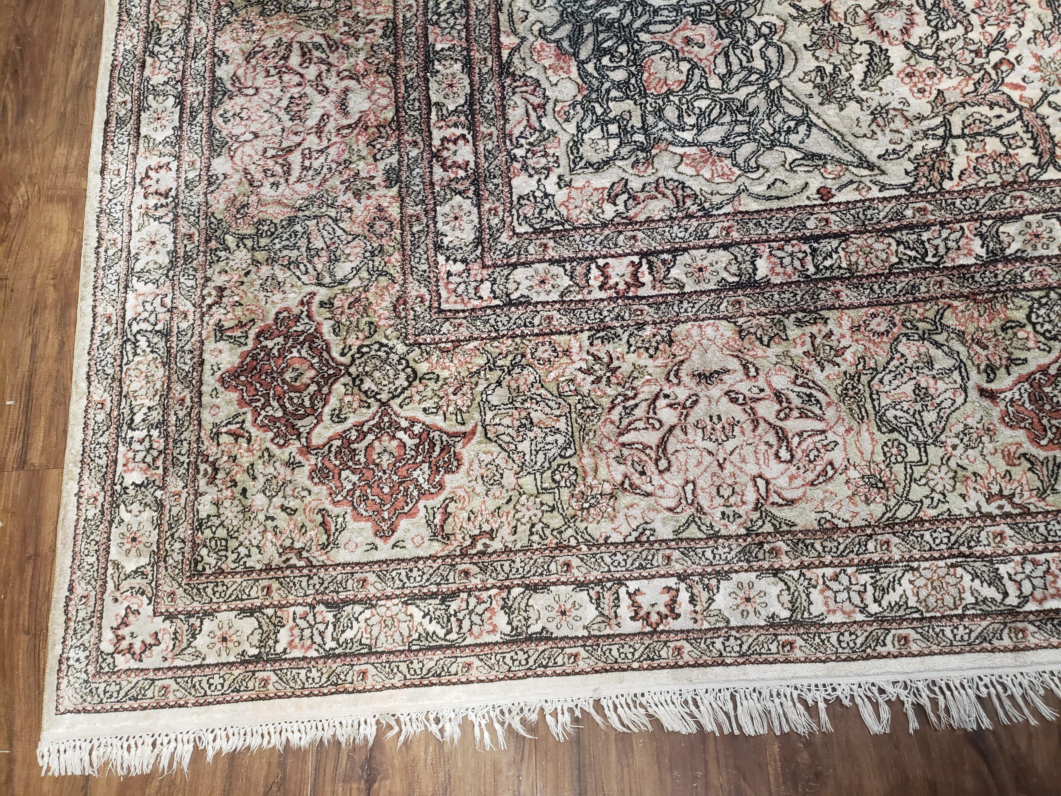 Vintage Indian Room Sized Silk Rug 8x10, Indo Kashmiri Carpet, Hand-Knotted Persian Oriental Carpet, Floral Medallion Allover Pattern, Ivory - Jewel Rugs
