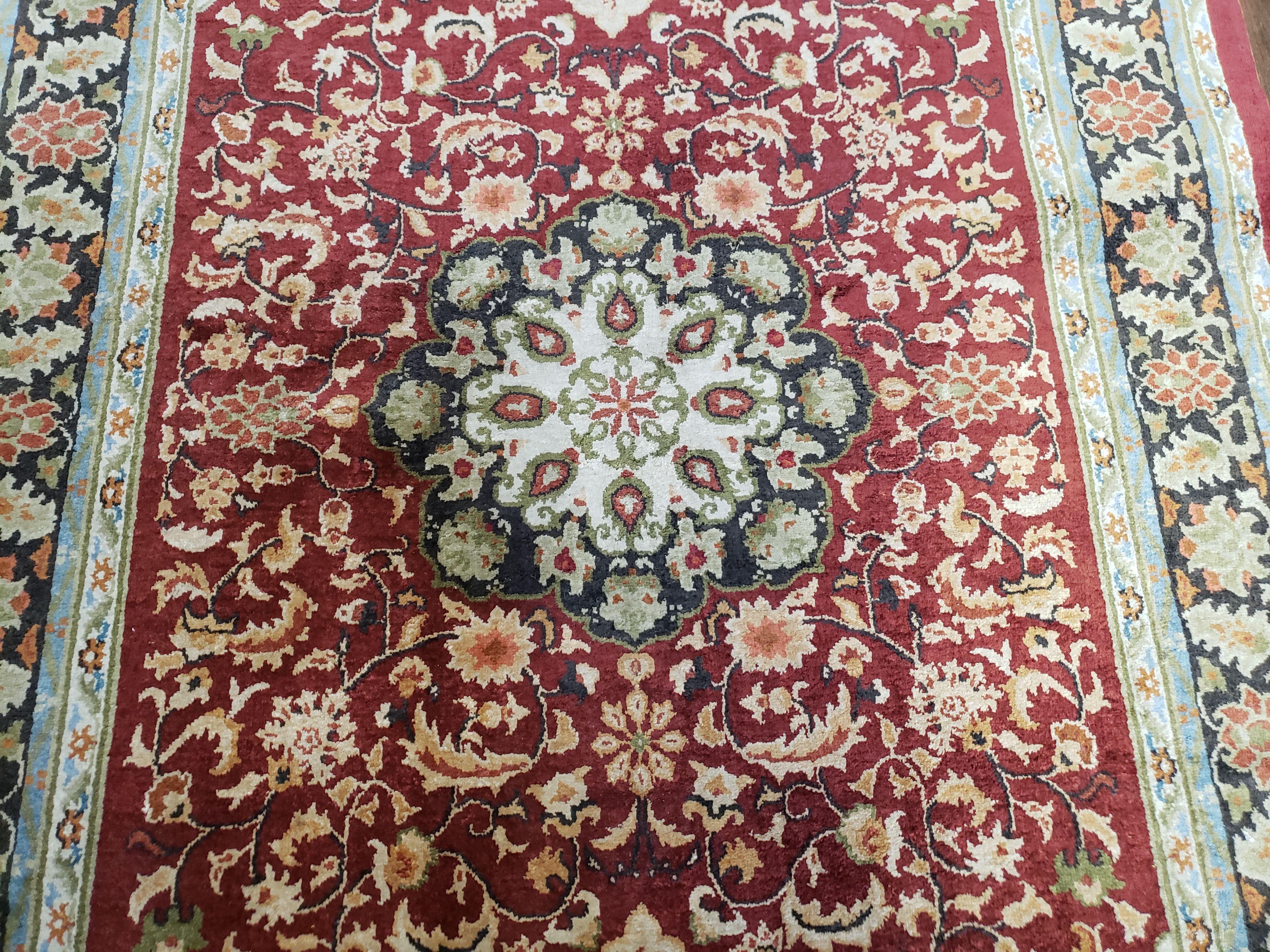 3x5 Silk Hand-Knotted Rug, Silk Oriental Carpet 5 x 3, Red & Ivory, Floral Medallion, Gold Fringes, Semi Antique Vintage Traditional Rug - Jewel Rugs