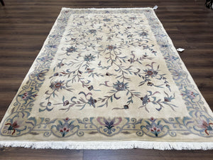 Vintage Chinese Rug 6x9, Chinese 120 Line Rug, Asian Oriental Carpet, Ivory/Beige and Teal, Floral Design, Soft Plush Wool Rug Handmade - Jewel Rugs