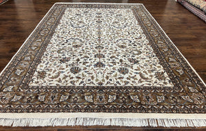 Indo Kirman Rug 8x12 Allover Floral Design, Ivory/Cream Brown, Vintage Handmade Hand Knotted Rug, Traditional Wool Persian Carpet 8 x 12 - Jewel Rugs