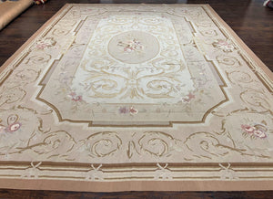 French Aubusson Design Rug 9x12, Savonnerie Flatweave Carpet, Beige, Very Elegant, Hand Woven, Wool, Large Room Sized Living Room Aubusson - Jewel Rugs