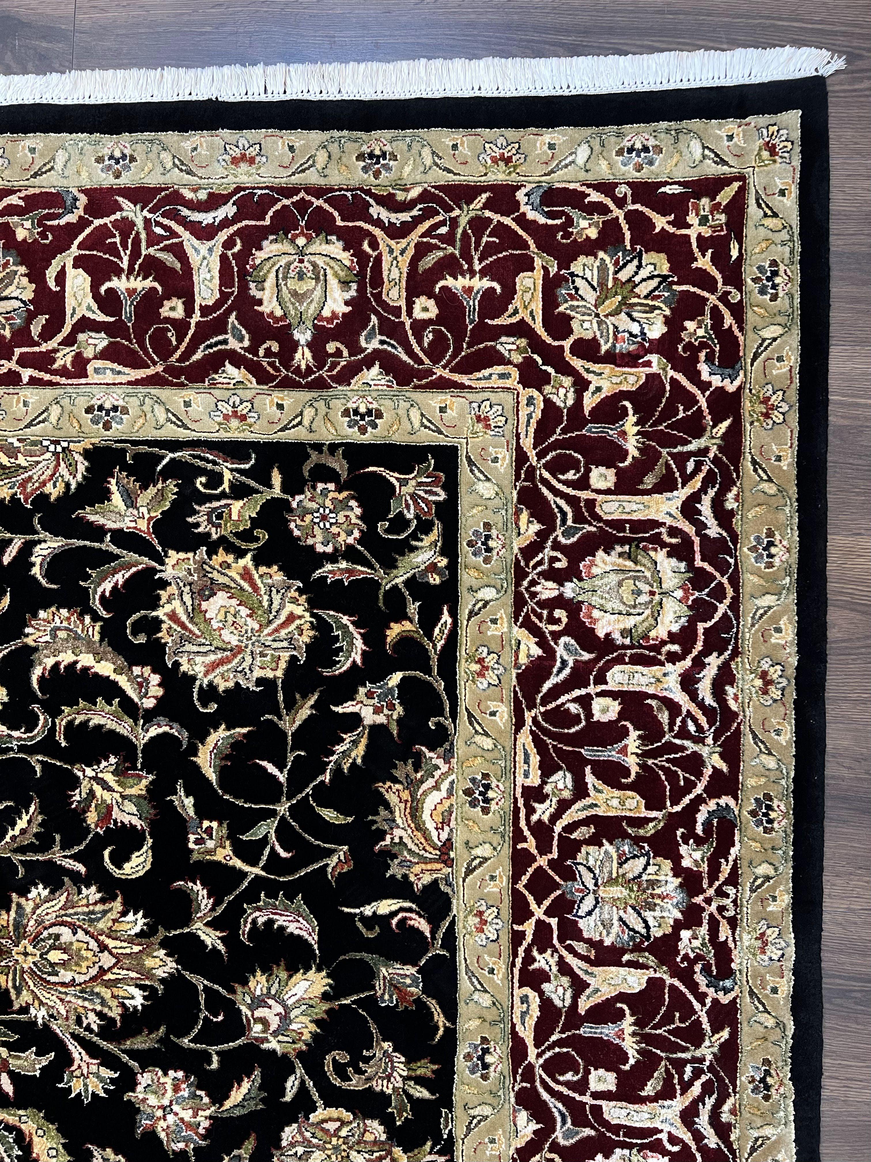 Indo Persian Rug 8x10, Black and Maroon Floral Allover Wool and Silk Oriental Carpet 8 x 10 ft, Hand Knotted Traditional Vintage Room Sized - Jewel Rugs