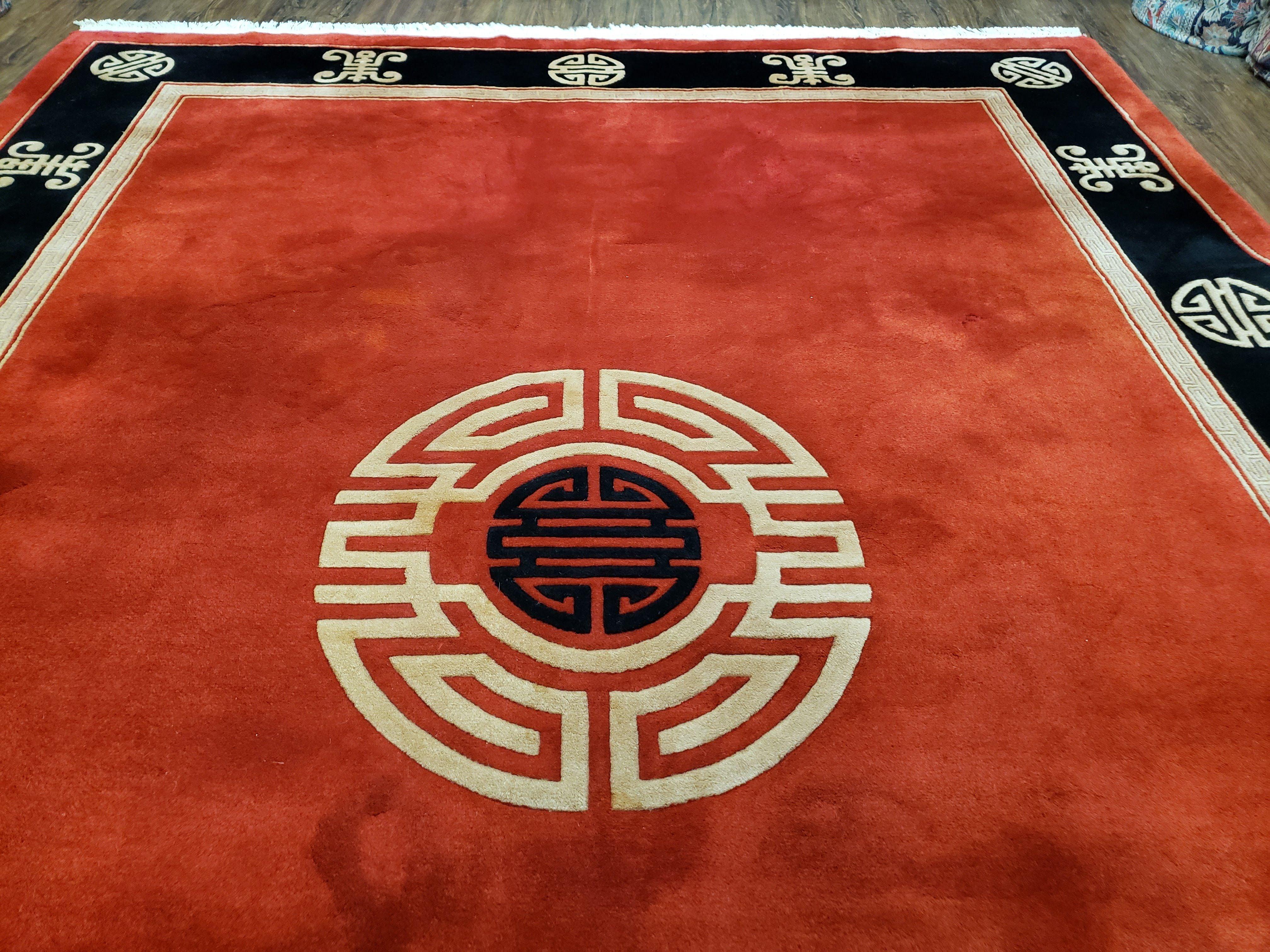 Vintage Chinese Art Deco Rug 8x11, Red & Black Asian Style Carpet