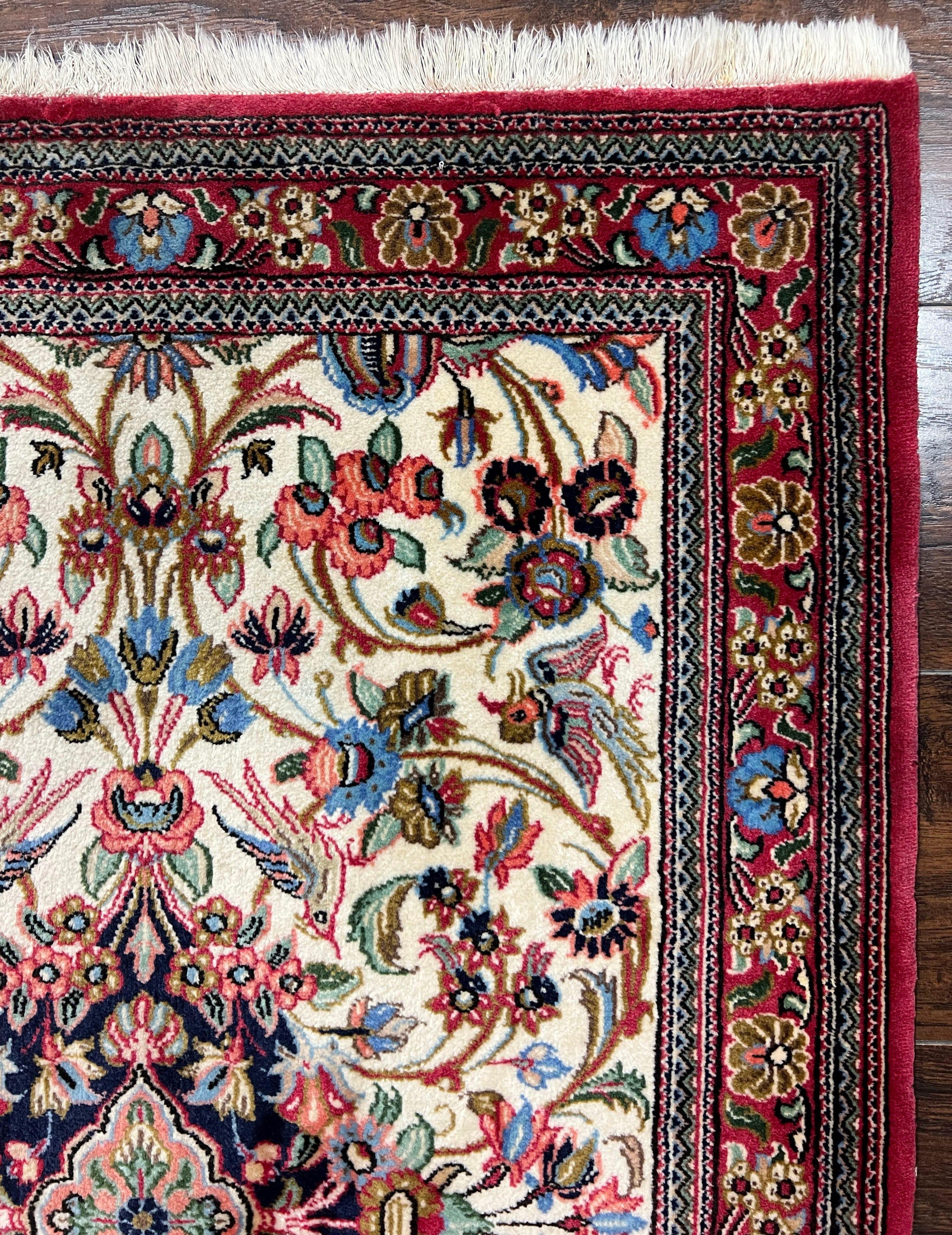 Wonderful Persian Qum Runner Rug 2.8 x 10 ft, Floral Medallions with Bird Motifs, Hand Knotted Wool Fine Oriental 10ft Hallway Runner, Cream Red - Jewel Rugs