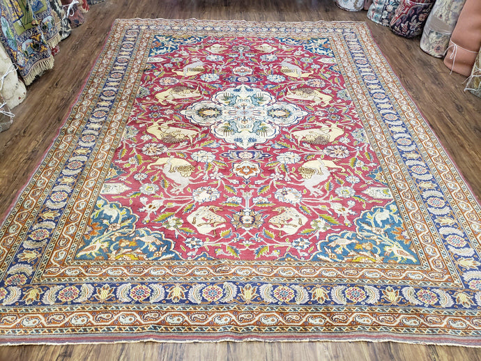 Antique Turkish Sivas Area Rug 8x11, Hand-Knotted, Vintage Red Wool Carpet, Gazelles Lions, Boteh Border, 8' x 11' Top Quality Oriental Rug - Jewel Rugs