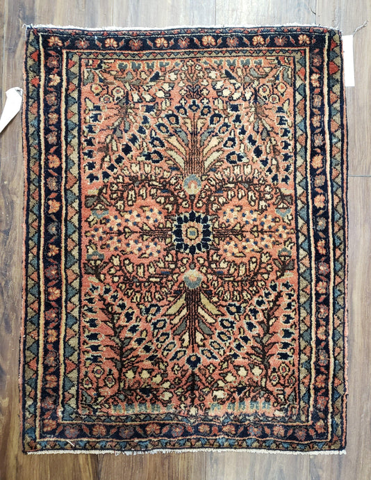 Antique Persian Sarouk Rug, Hand-Knotted, Red & Dark Blue, Wool, 1'11