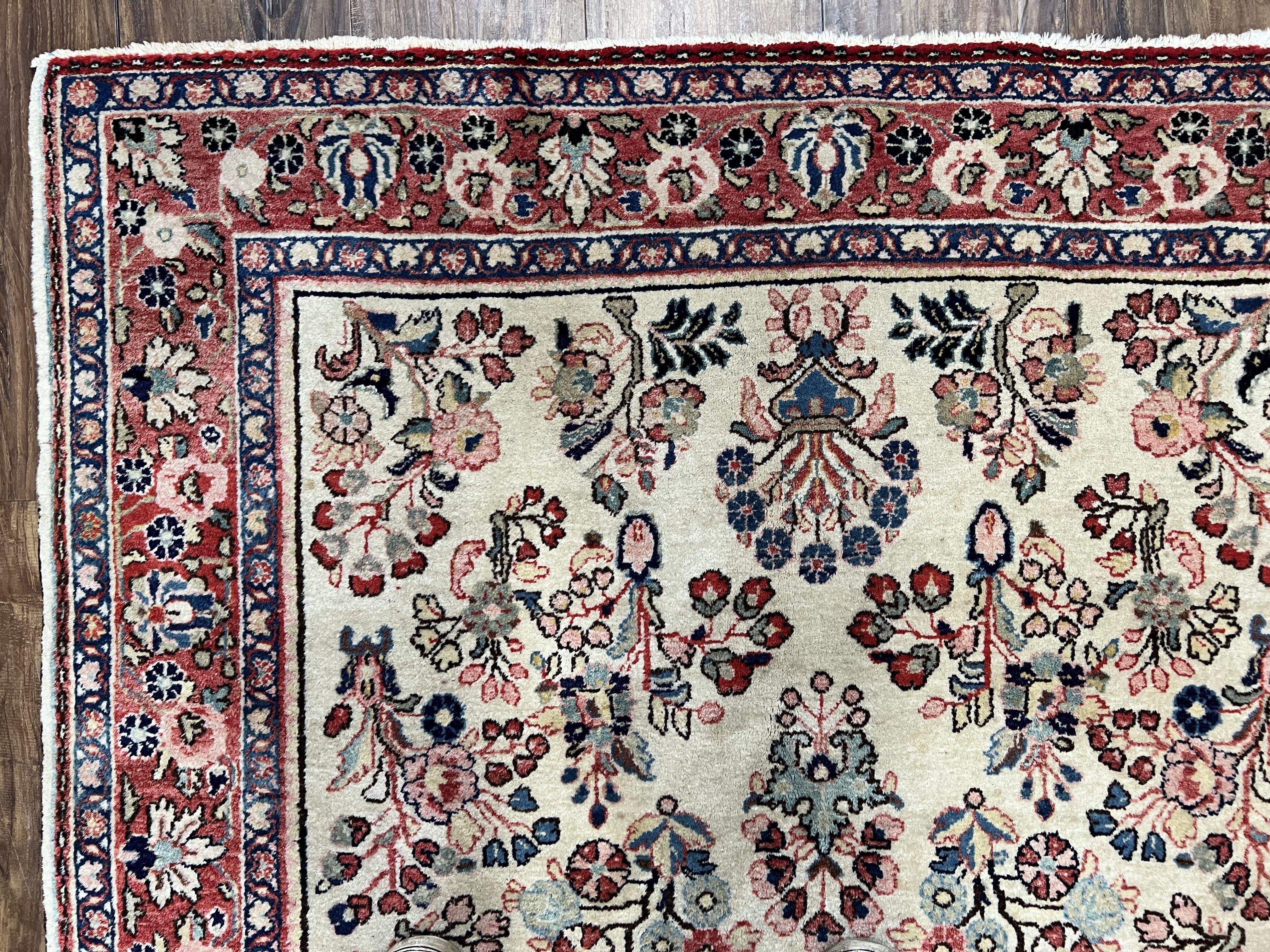 Vintage Persian Sarouk Carpet 4.2 x 6.8, Light Colored Field, Wool Persian Rug 4x7, Hand-Knotted Rug, Allover Floral Pattern, Cream Red Blue, Nice - Jewel Rugs