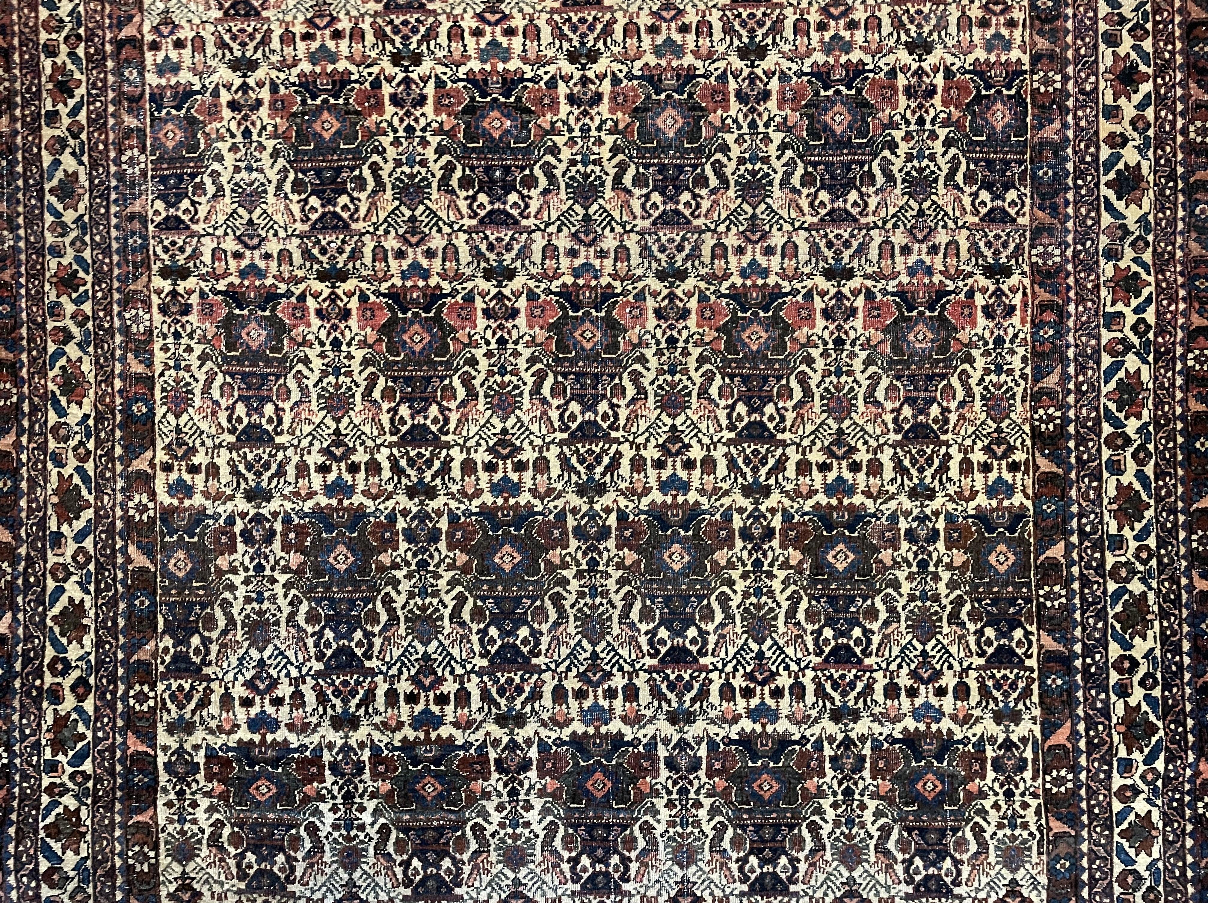 Antique Persian Afshar Rug 5x7, Wool Hand Knotted Oriental Carpet 5 x 7 ft, Repeated Motif Allover, Cream and Maroon, Tribal Rug, Medium Sized Rug, Zil-i-Sultan Design - Jewel Rugs