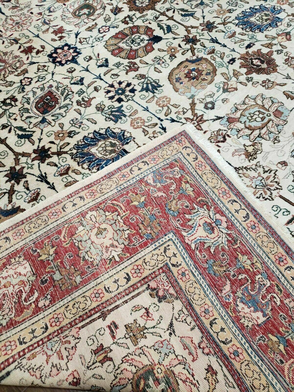 Antique Persian Tabriz Rug 9x12, Hand Knotted Oriental Carpet 9 x 12 ft, Vintage Wool Room Sized Rug, Cream and Red, Floral Allover Handmade Rug - Jewel Rugs
