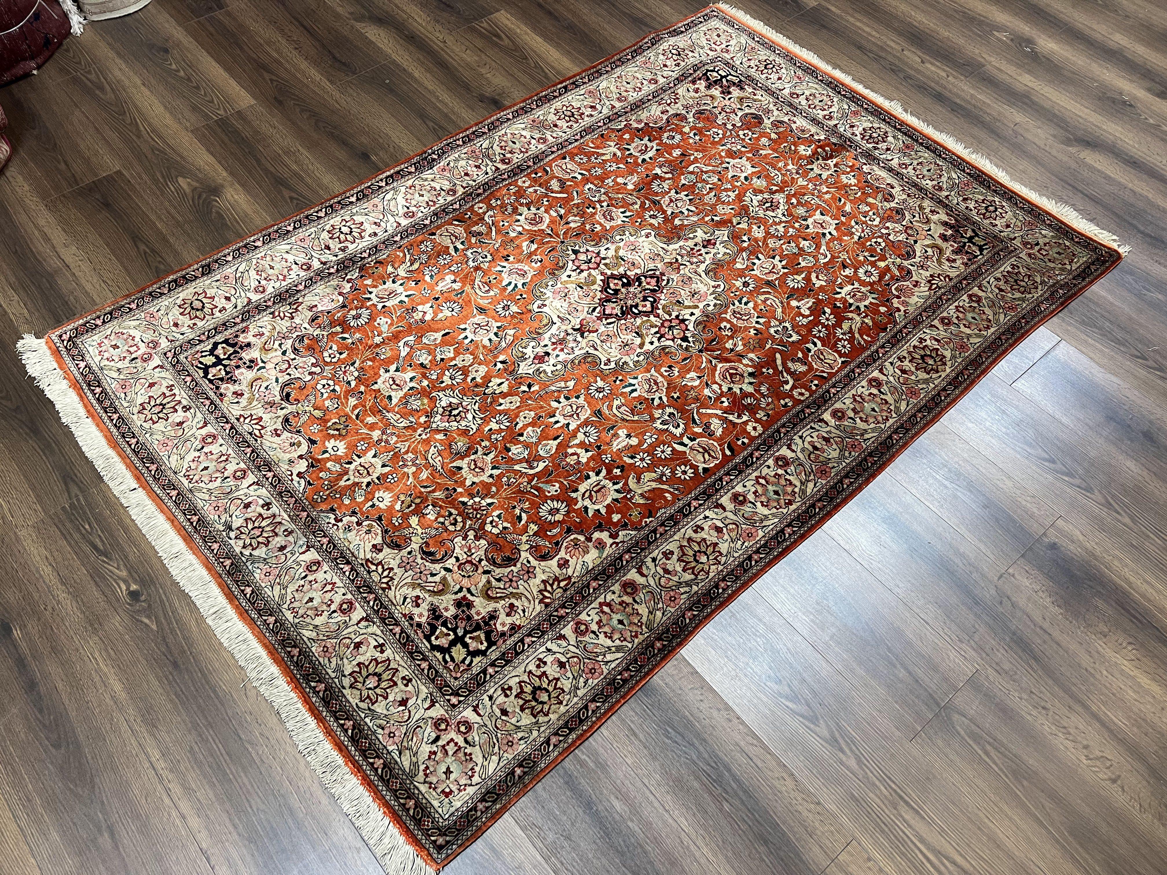 Persian Qum Silk Rug 5x7 - Floral Medallion, Birds, Orange-Red - Jewel Rugs