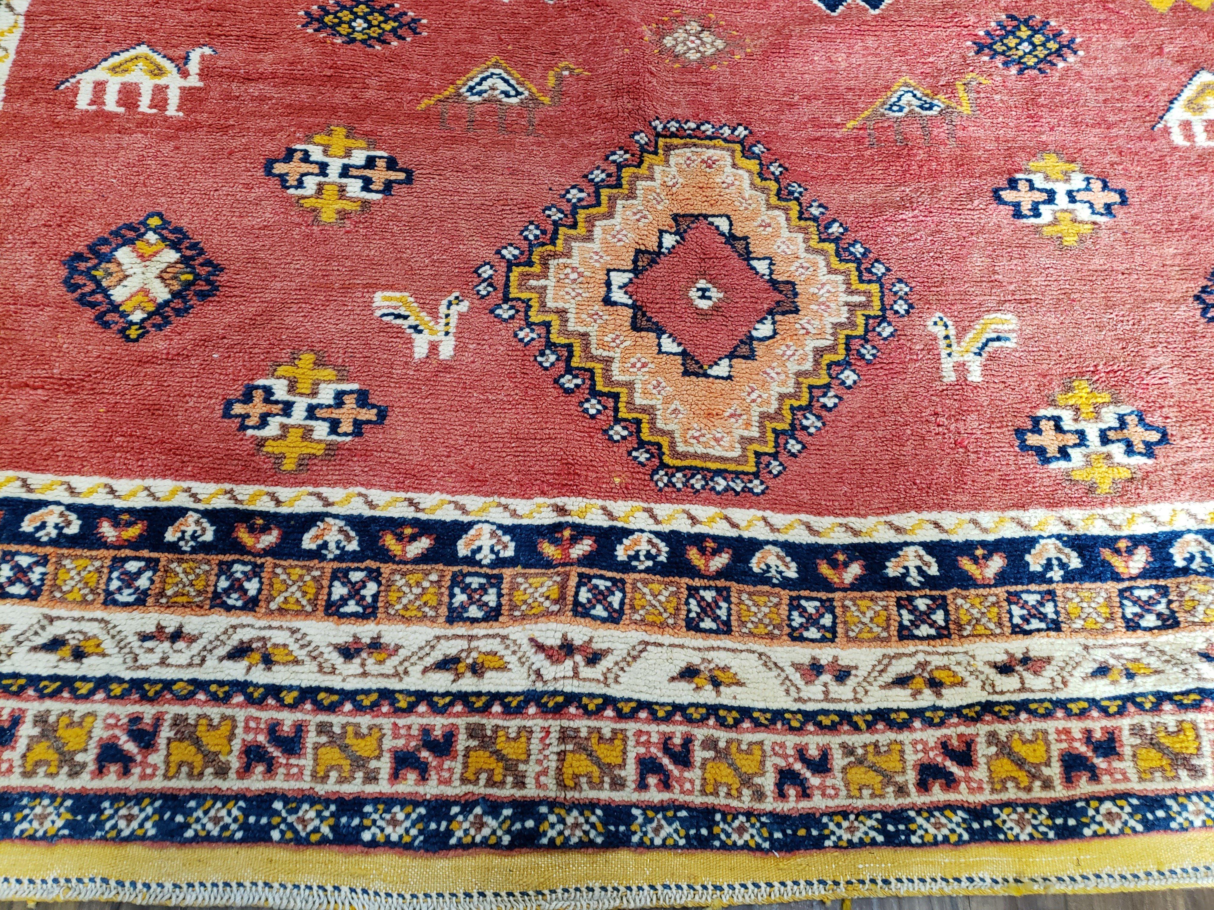 Vintage Moroccan Rug 6.6 x 9.8 ft, Tribal Bohemian Wool Hand-Knotted Carpet, 1950s Moroccan Rug, Salmon Red and Navy Blue, Room Sized Rug - Jewel Rugs
