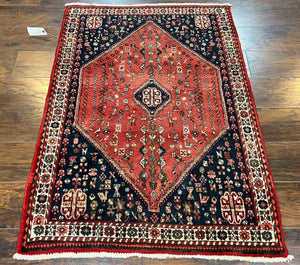 Persian Tribal Rug 3.6 x 5 ft, Persian Abadeh Rug, Geometric Medallion Bird Motifs, Red and Navy Blue Hand Knotted Handmade Wool Vintage Oriental Carpet - Jewel Rugs