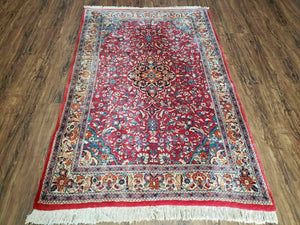 3' 6" X 5' 5" Handmade Knotted India Floral Wool Rug Hand Knotted Carpet Red - Jewel Rugs