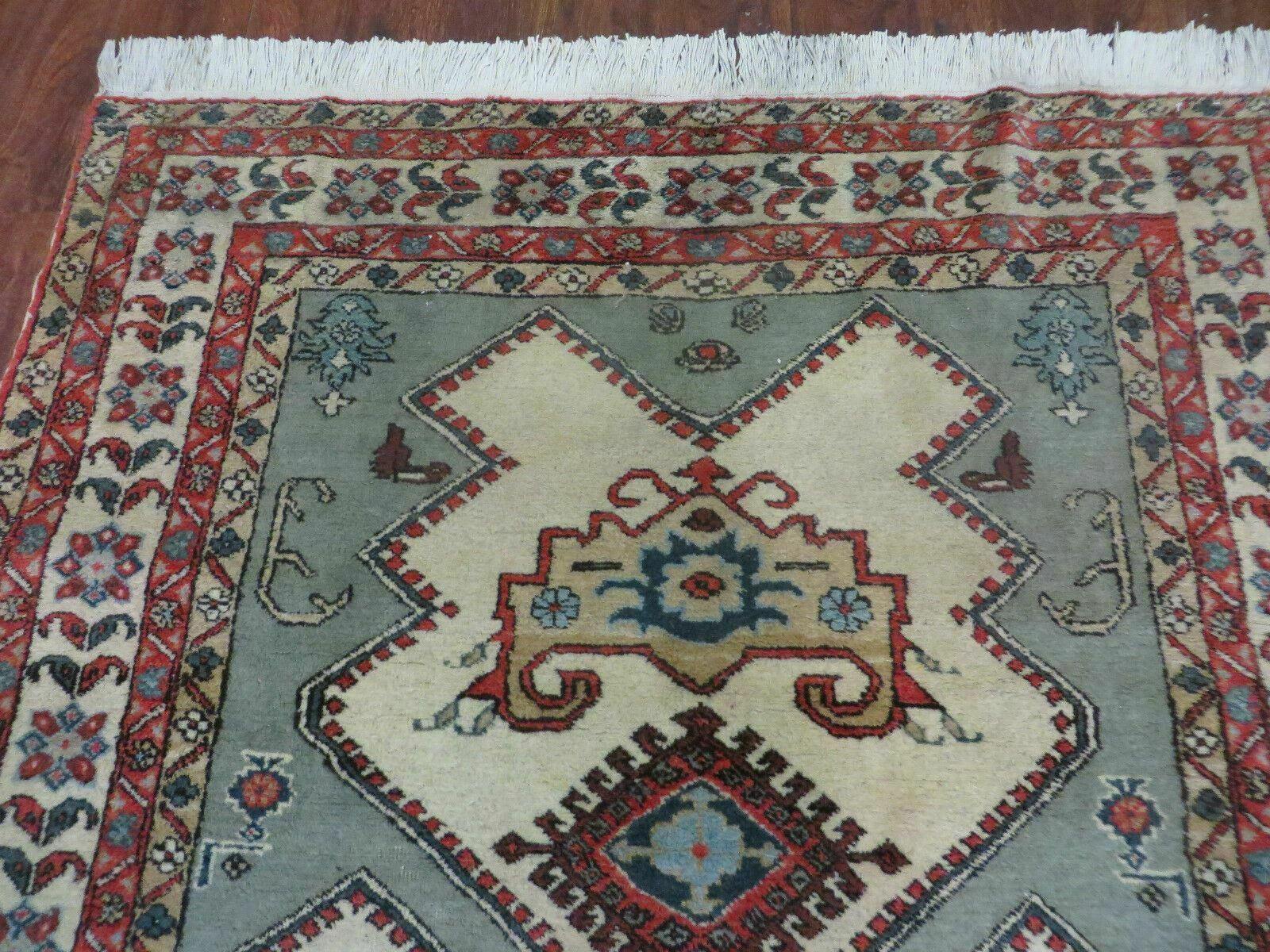 4' X 7' Vintage Handmade Knotted Rug India Caucasian Wool Soft Green Organic - Jewel Rugs