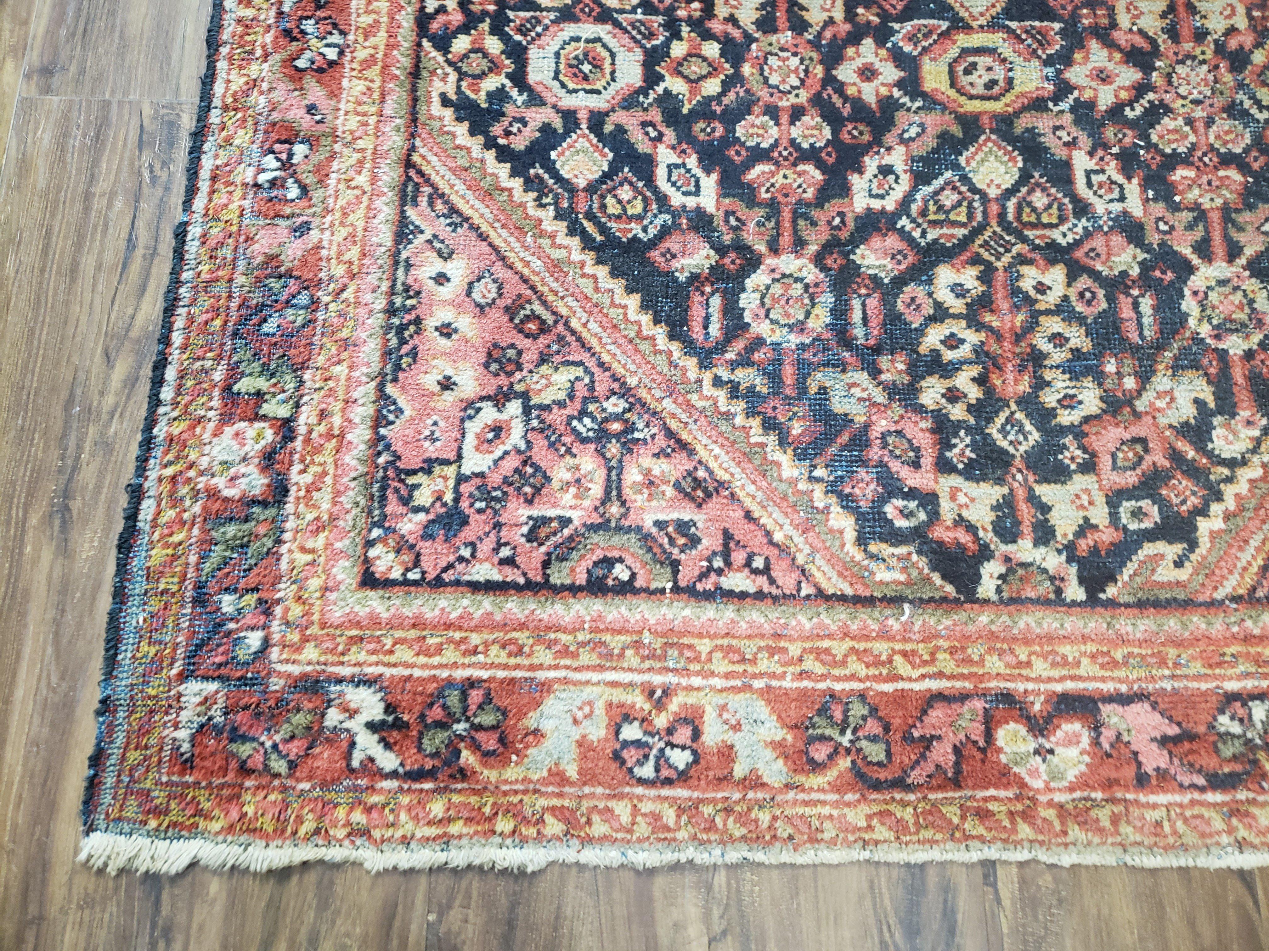 Antique Persian Mahal Area Rug 4.4 x 6.6, Wool Hand-Knotted Shabby Chic Oriental Rug, Red Black 1930s Foyer Room Carpet, Low Pile Boho Rug - Jewel Rugs