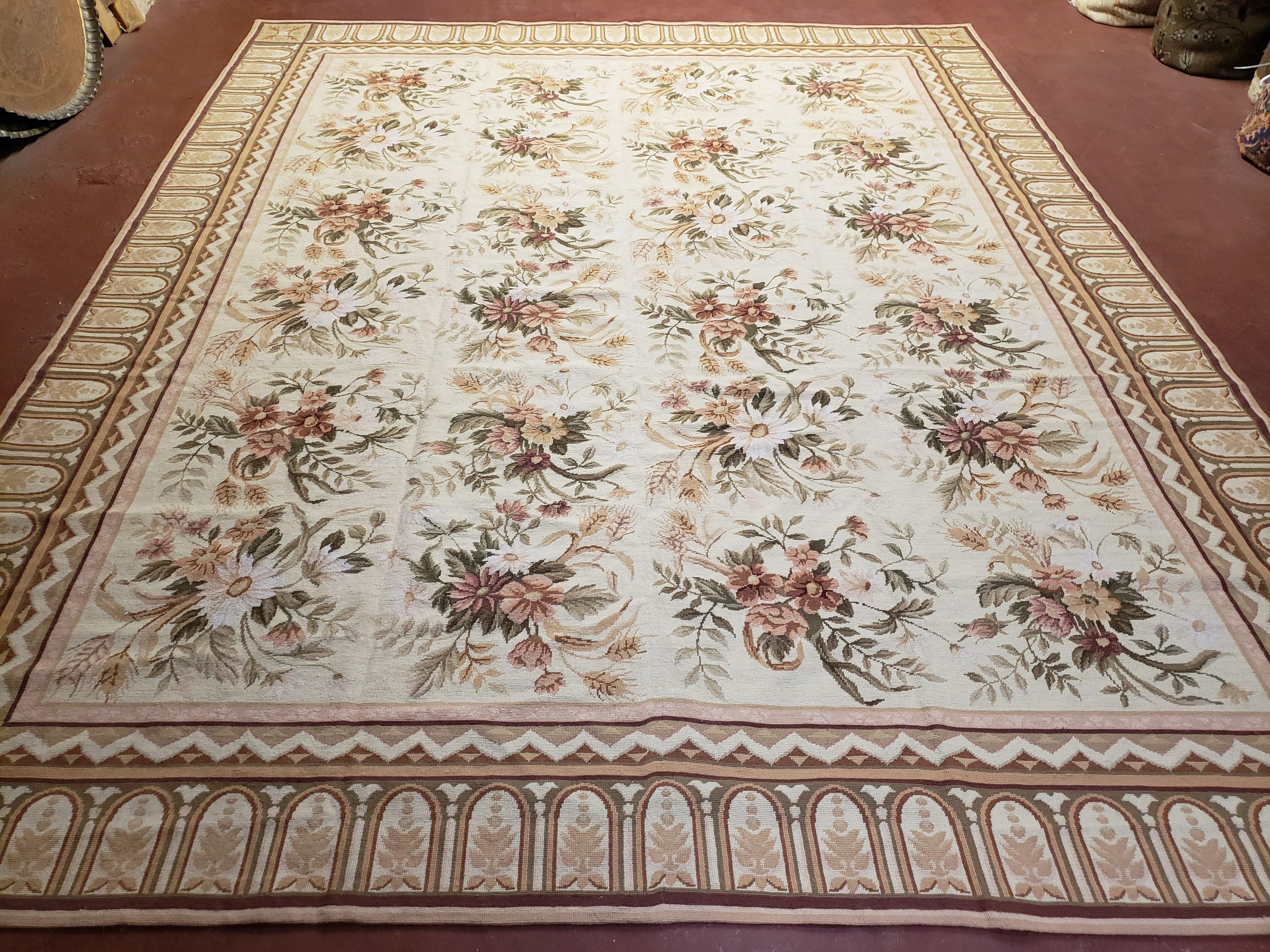 Needlepoint Rug 8x10 Aubusson Rug Victorian Floral Rug Handmade French Style French Decor Garden Panel Beige 8 x 10 Area Rug 100% Wool - Jewel Rugs