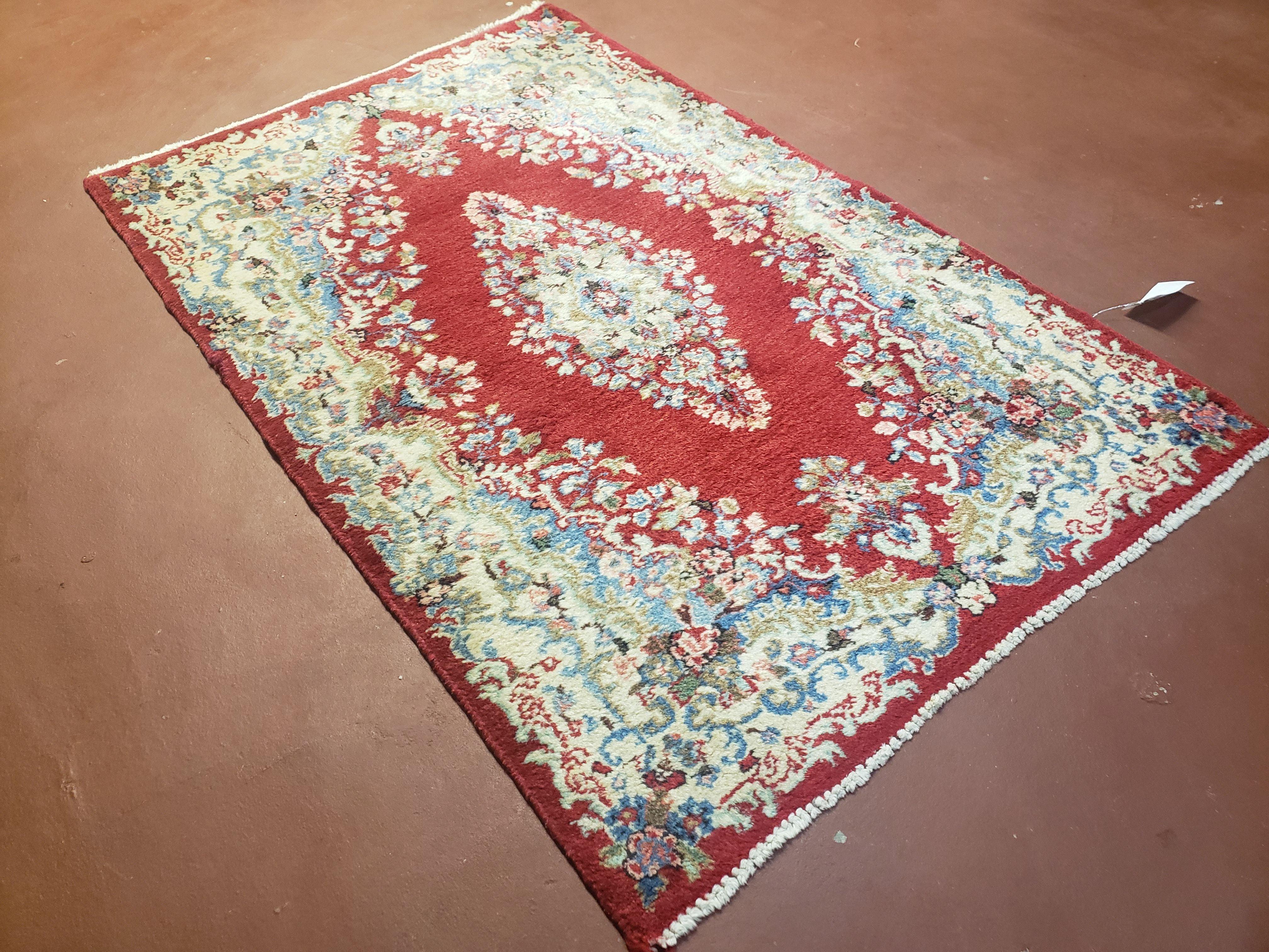 3x5 Persian Kirman Rug, Oriental Persian Carpet 3 x 5, Wool Vintage Hand-Knotted Rug, Floral Medallion, Open Field, Small Rug, Red Beige Light Blue - Jewel Rugs