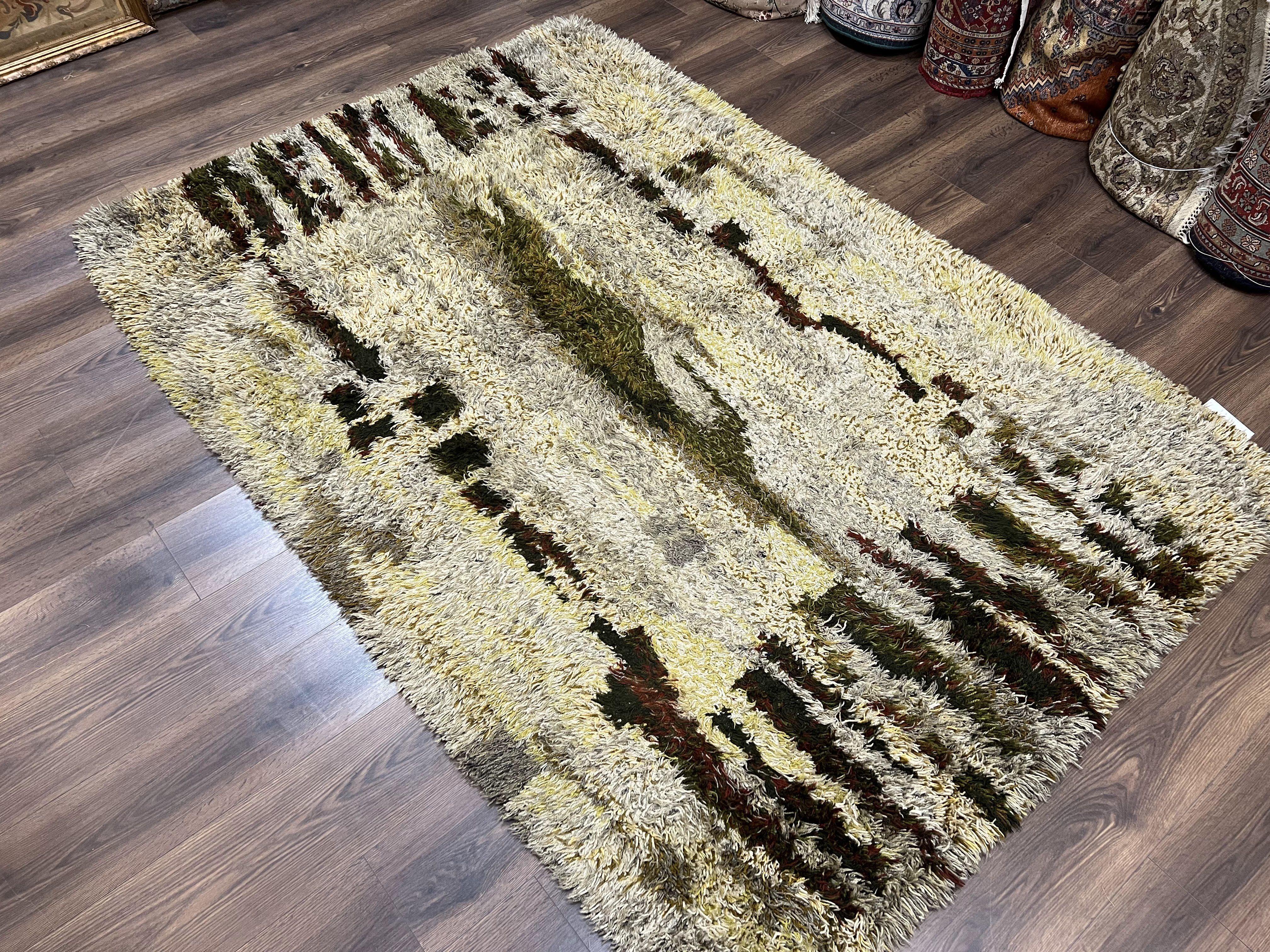 Swedish Rya Shag Rug 5x8, Multicolor Abstract Mid Century Vintage Retro Shag Rug, Soft Fluffy High Pile, Cream Gray Greens, 5 x 8 Shag Rug - Jewel Rugs