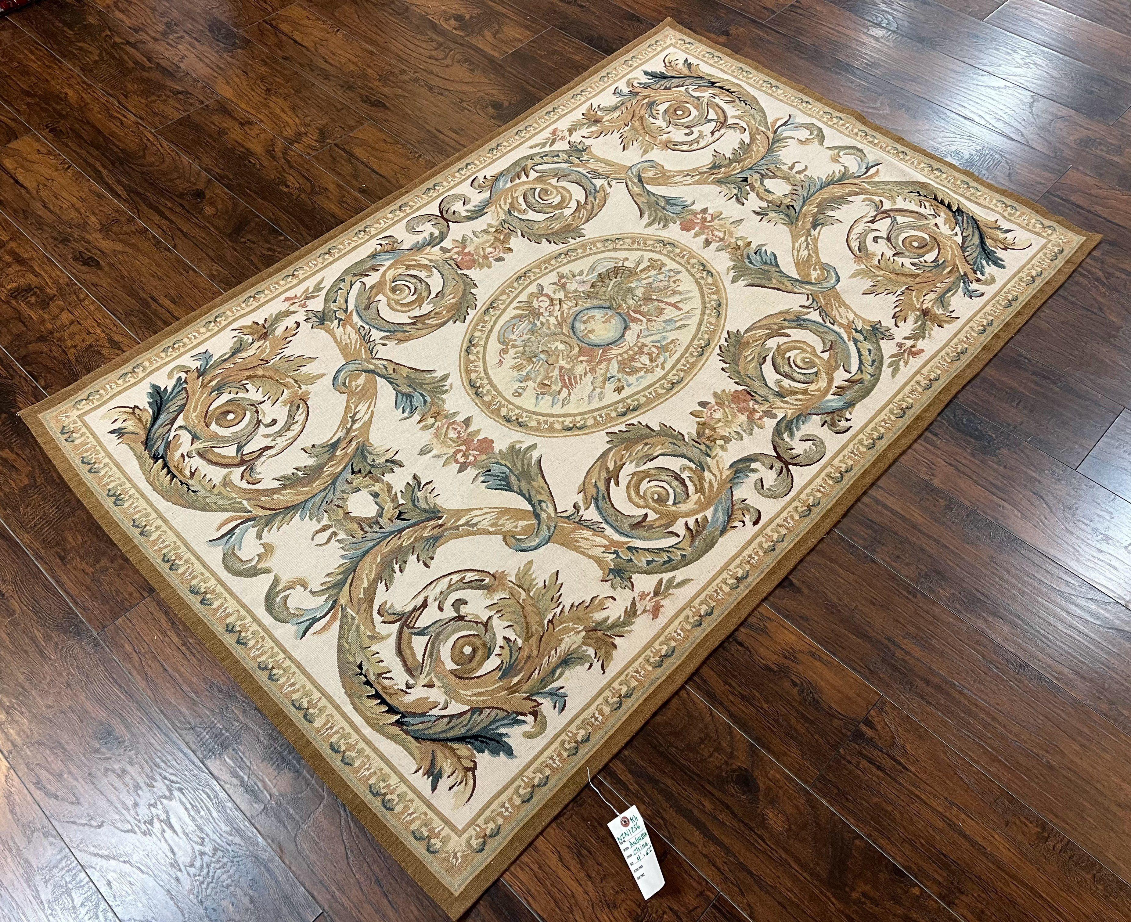 Aubusson Rug 4x6, French European Design, Flatweave Aubusson Carpet 4 x 6 ft, Wool Savonnerie Elegant Rug, Ivory Cream Tan Floral, Handmade - Jewel Rugs