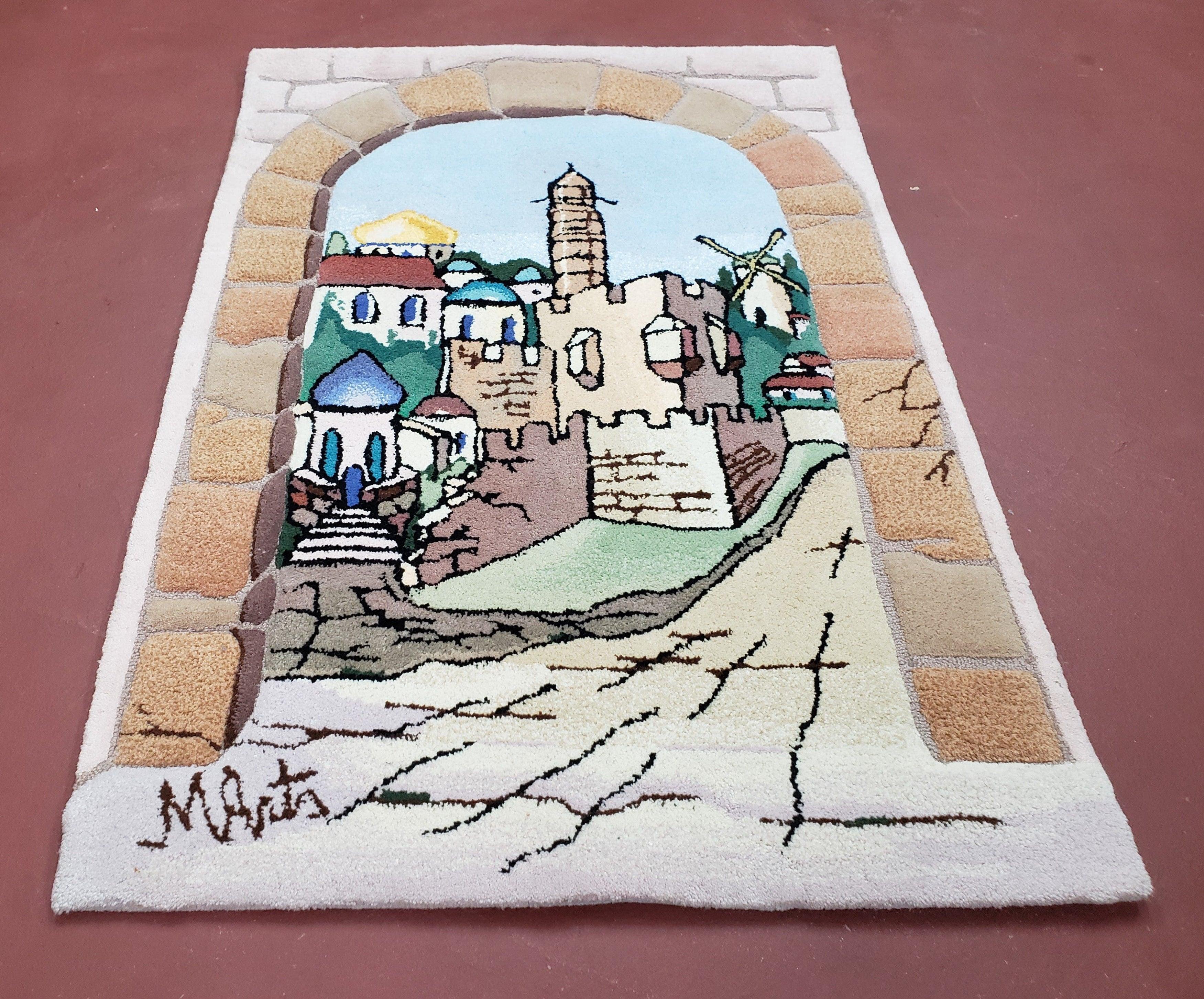 Small Judaica Rug, Rug with Jerusalem Pictorial, Chanuka Gift, Hand-Tufted, Jerusalem Gate, Vintage Judaica, Western Wall Rug, 3x4 Rug - Jewel Rugs