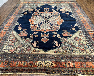 Marvelous and Rare Persian Farahan Rug 9x12, Antique 1920s Persian Carpet, Navy Blue Semi Open Field, Signature from Master Weaver Taftanchian, Animals Bees Monkeys - Jewel Rugs