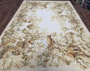 Aubusson Rug 6x9 French Aubusson Carpet, Flatweave Rug, Leopards and Flowers, Elegant Carpet, European Design, Wool Handwoven, Ivory Beige - Jewel Rugs