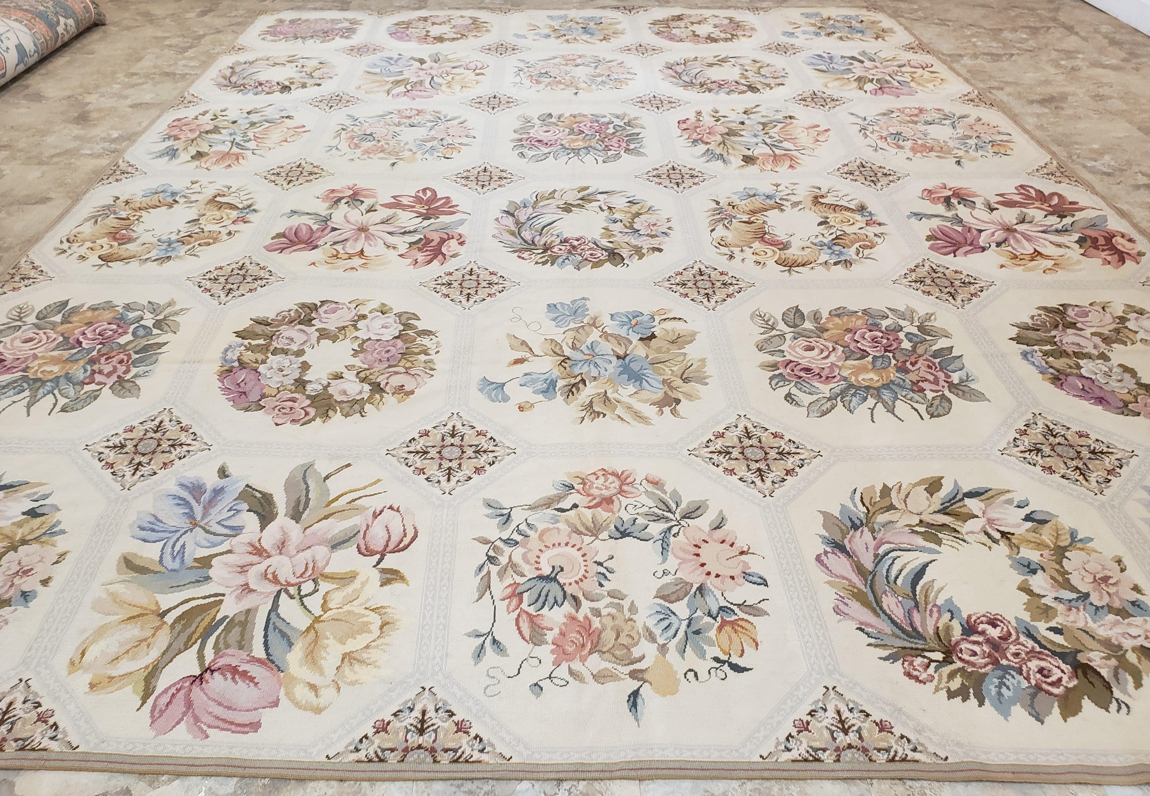 Needlepoint Rug 10x13 Vintage Carpet, Floral Panel Design, Beige, Multicolor Flowers, Handmade Hand Woven, Flatweave, No Pile, Wool - Jewel Rugs