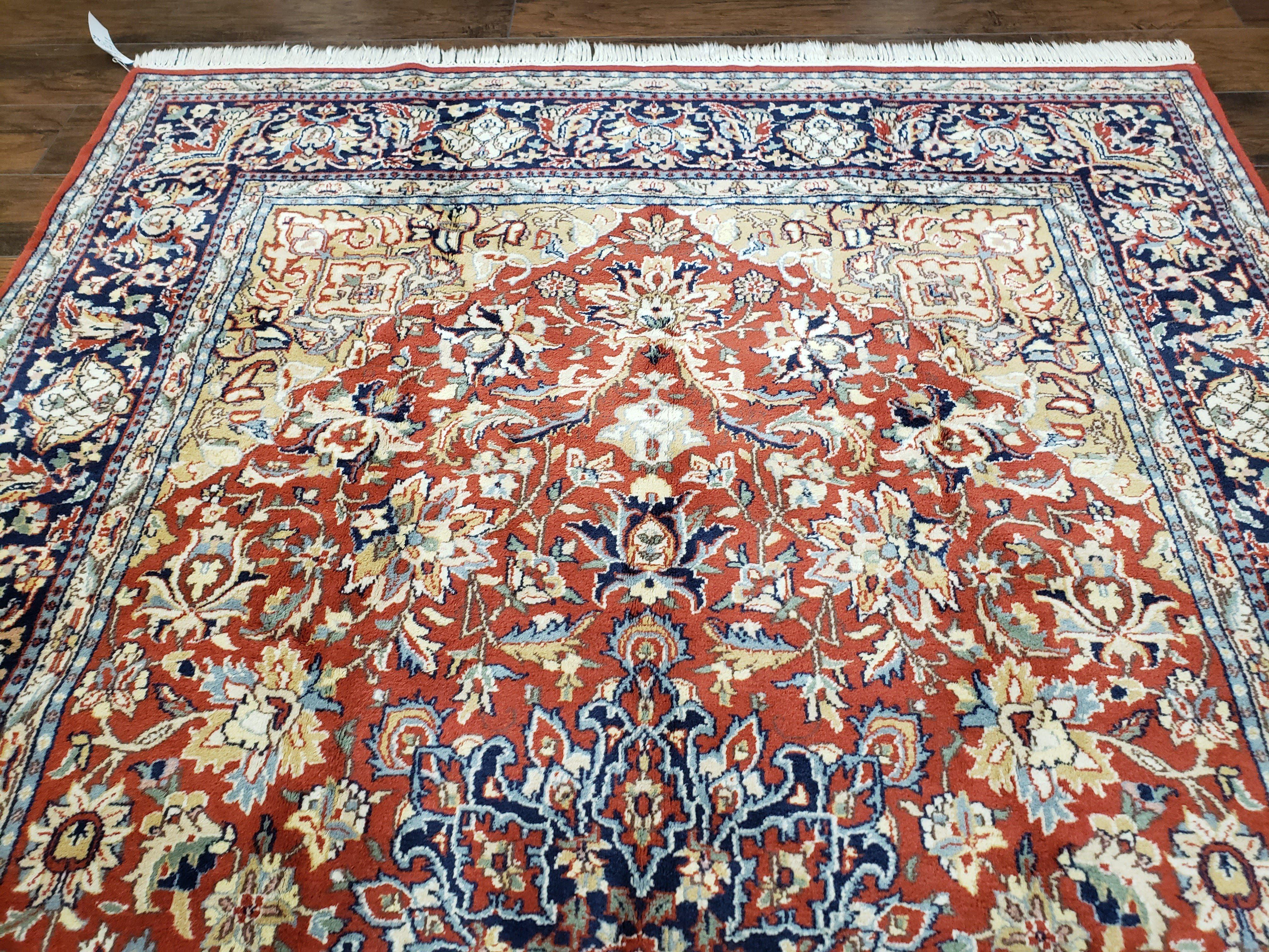 Vintage Indo Persian Oriental Rug 6 x 9.6, Wool Hand-Knotted Red Dark Blue & Gold Indian Carpet, 6 x 9 Office Room Rug, Floral Medallion - Jewel Rugs