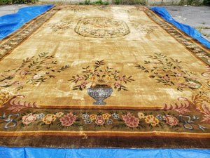 14' X 24' Aubusson Design Wool Rug Gold Palace Size Rug with Flowers and Vases - Jewel Rugs