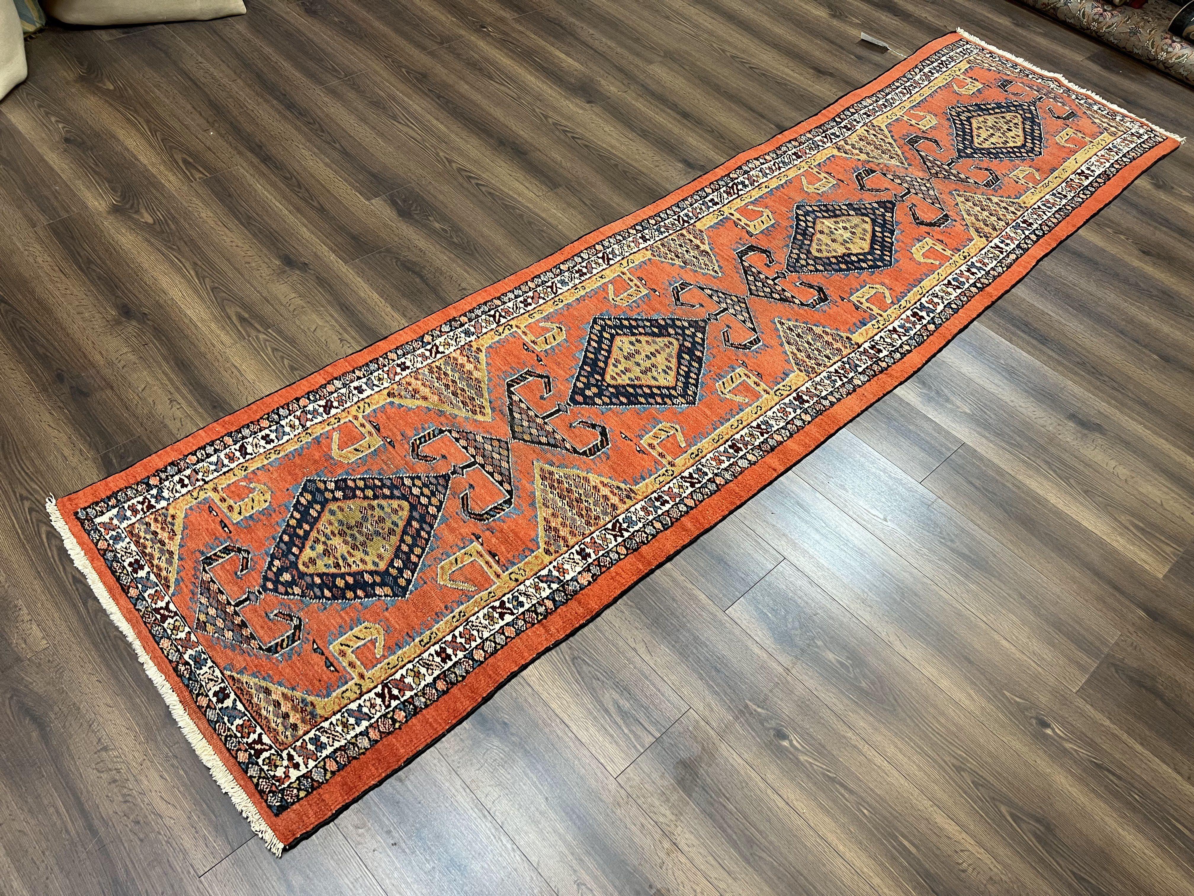 Rare Persian Tribal Runner Rug 3 x 11, Sarab Serab Persian Runner, Antique 1920s Collectible Geometric Medallions Oriental Wool Runner, Hand Knotted, Bright Orange-Red - Jewel Rugs