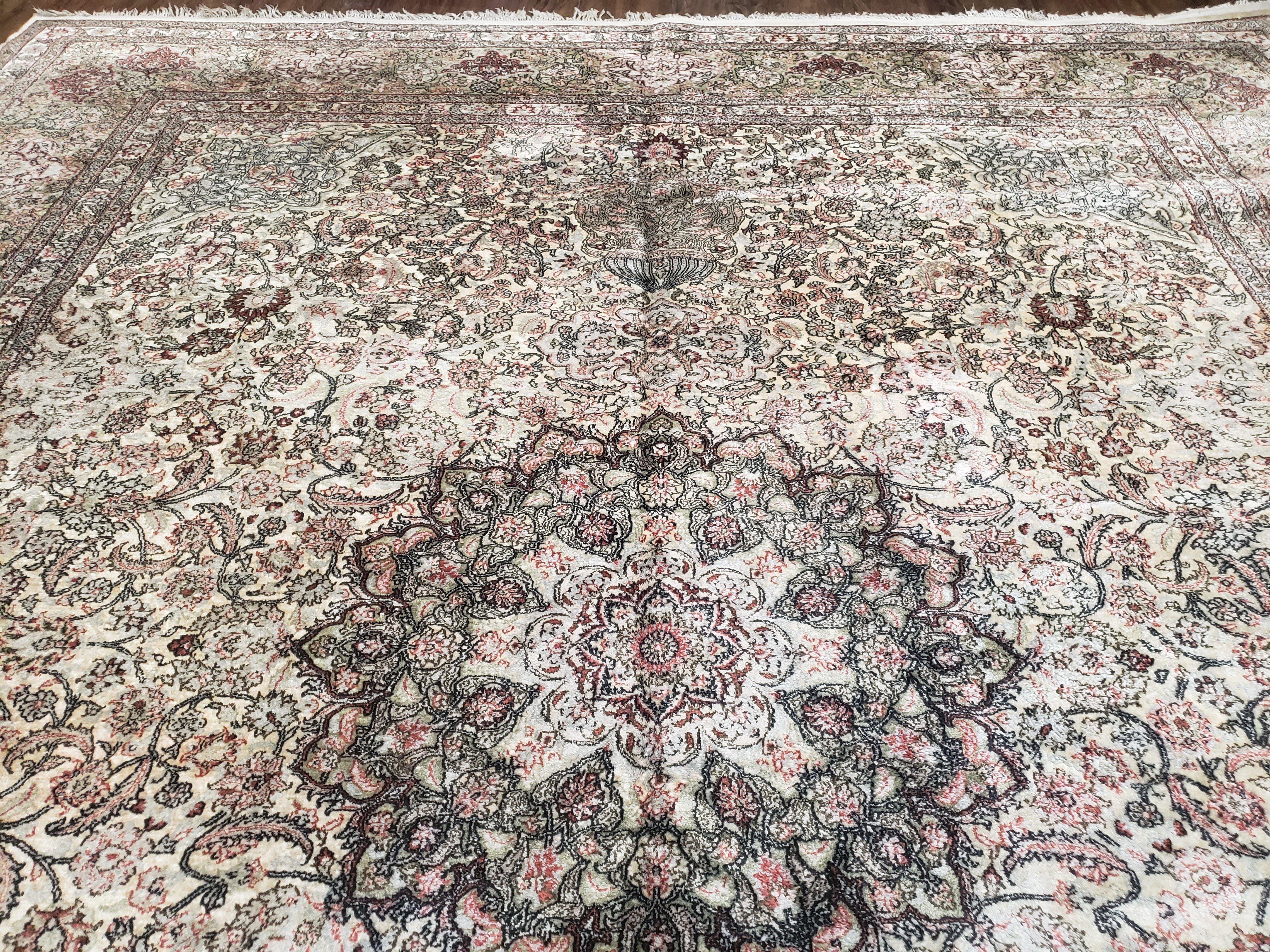 Vintage Indian Room Sized Silk Rug 8x10, Indo Kashmiri Carpet, Hand-Knotted Persian Oriental Carpet, Floral Medallion Allover Pattern, Ivory - Jewel Rugs