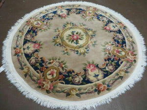5' Vintage Round Handmade Chinese Peking Art Deco Wool Rug Flowers 90 Line - Jewel Rugs