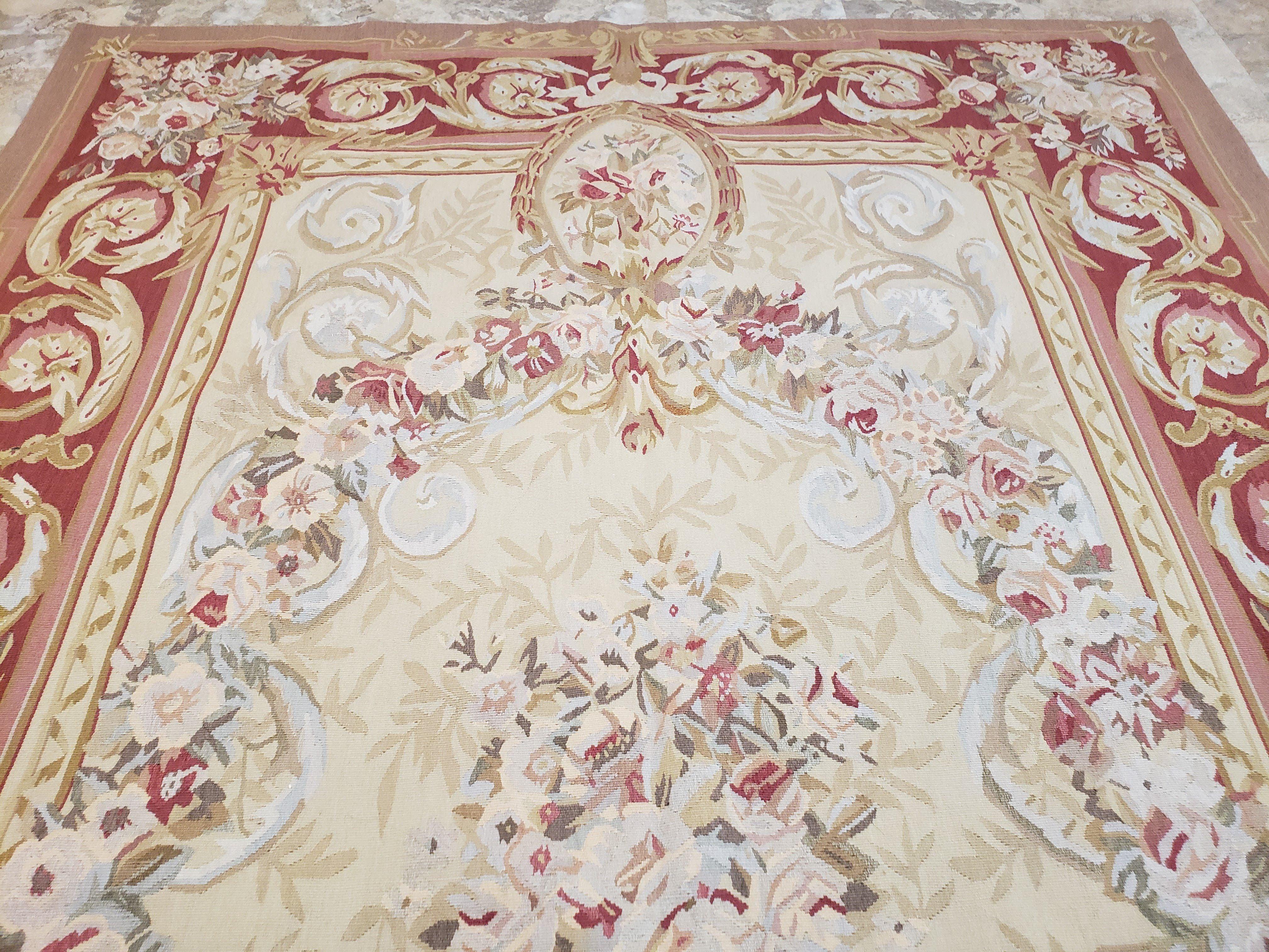 Aubusson Rug 6x9, Elegant Flatweave Rug, Aubusson Savonnerie 6 x 9 Flatweave Area Rug, Cream and Red, Wool Hand Woven Carpet, Medium Size - Jewel Rugs