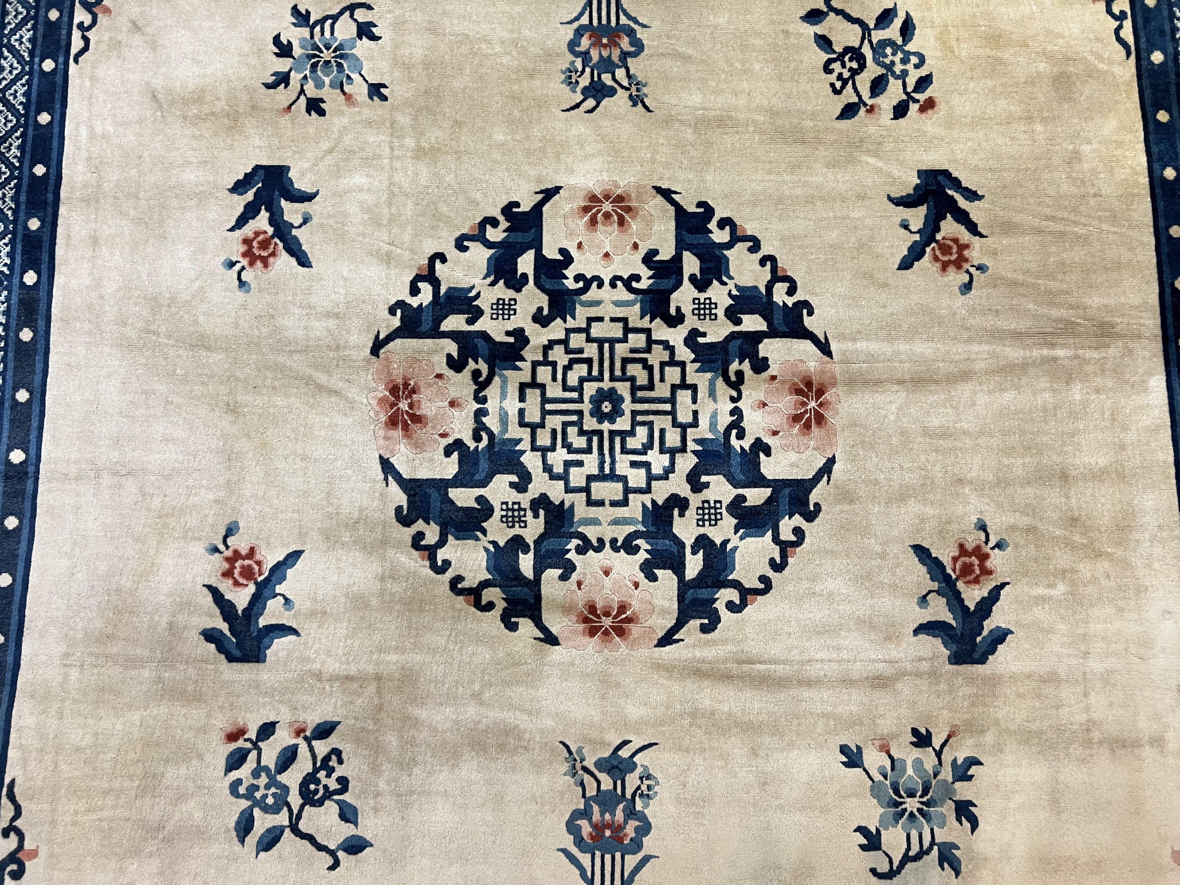 Chinese Peking Rug 9x12, Large Asian Oriental Carpet, Semi Antique Vintage Cream and Navy Blue Hand Knotted Wool Chinese Area Rug 9 x 12 ft - Jewel Rugs