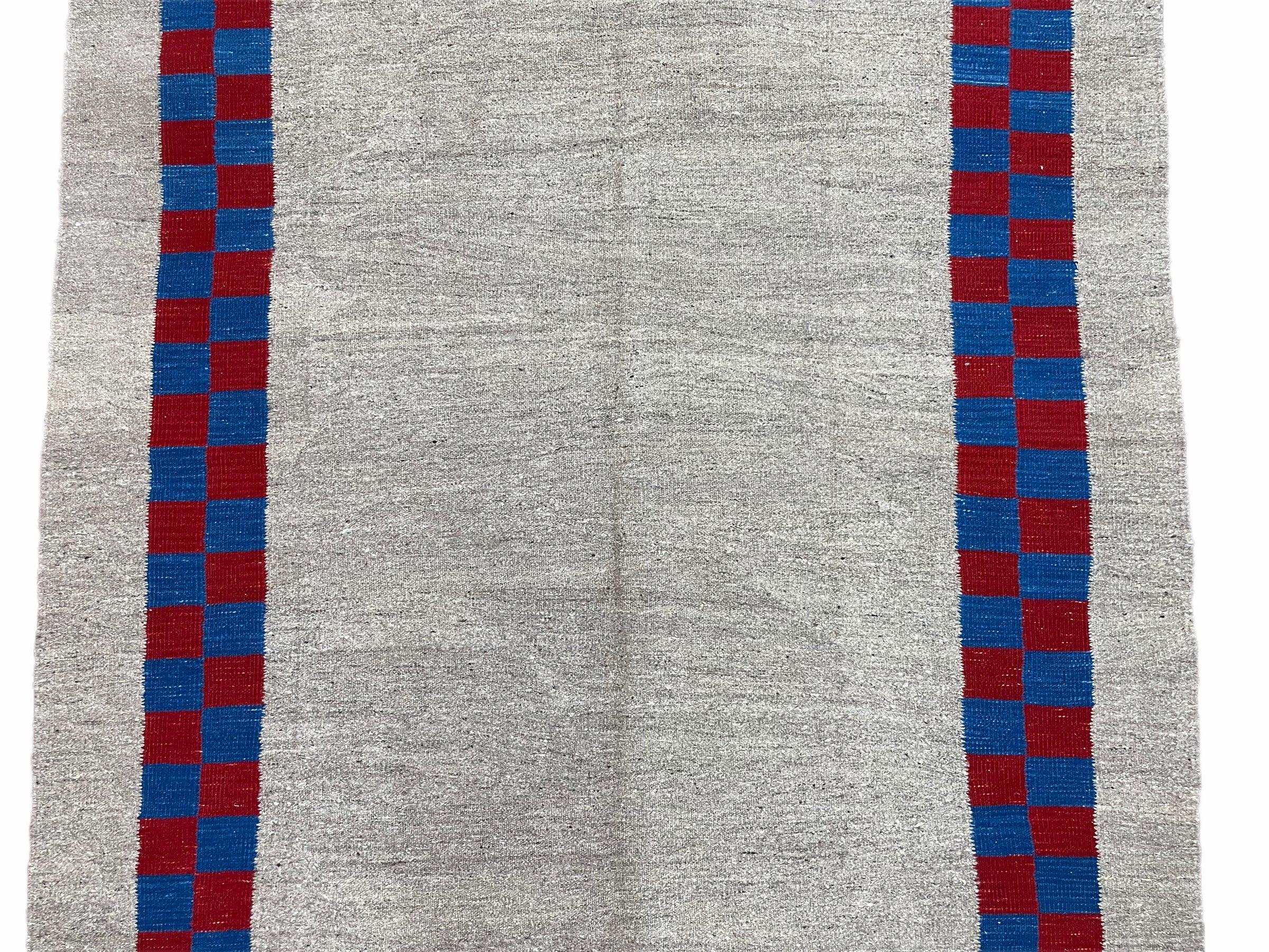 Gray Turkish Kilim Carpet 5' 7" x 7' 7", Medium Kilim Rug, Hand-Knotted, Blue & Red Border, Minimalistic Design, Geometric, Wool, New - Jewel Rugs