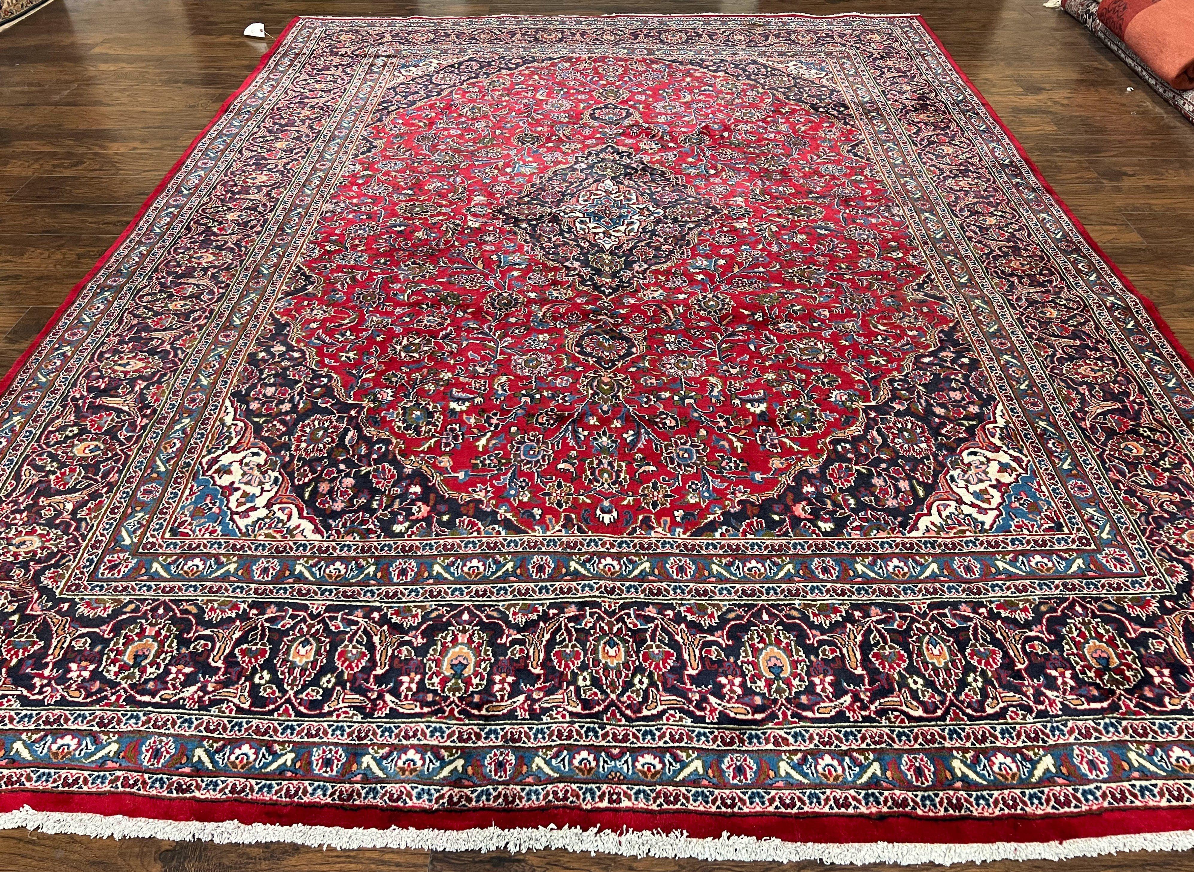 Large Persian Kashan Rug 10x13, Red Navy Blue, Allover Floral Medallion & Corner Design, Handmade Wool Oriental Carpet, Antique Traditional Rug - Jewel Rugs