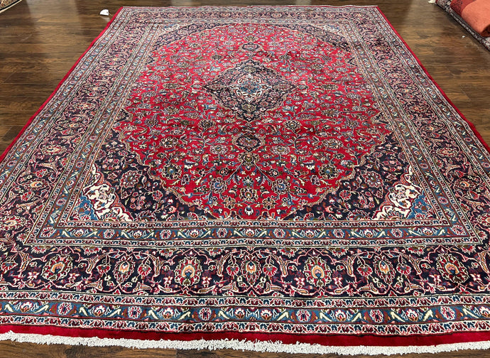 Large Persian Kashan Rug 10x13, Red Navy Blue, Allover Floral Medallion & Corner Design, Handmade Wool Oriental Carpet, Antique Traditional Rug - Jewel Rugs