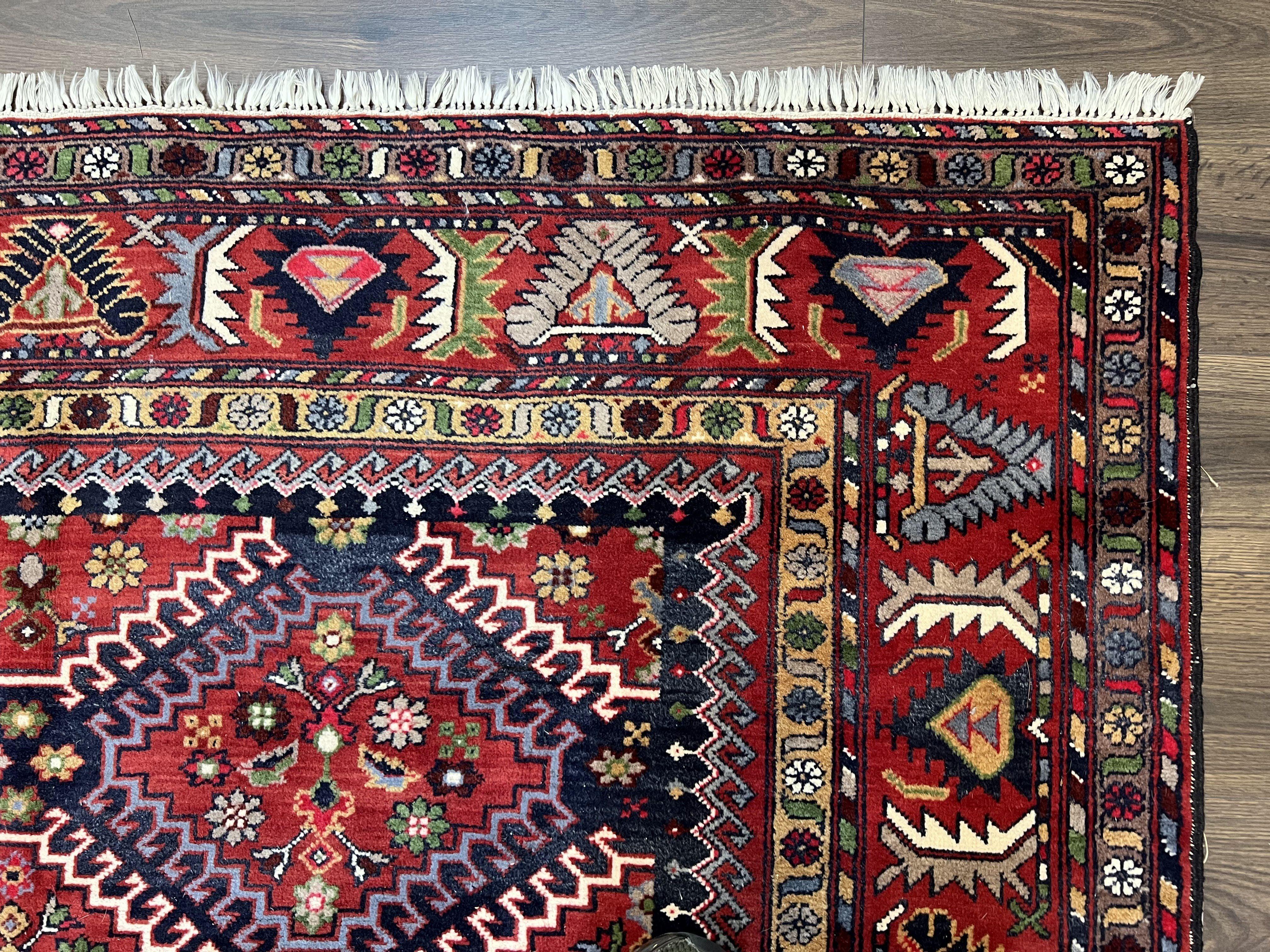 Wonderful Persian Rug 7x10, Persian Shiraz Yalameh Tribal Rug 7 x 10, Semi Antique Colorful Persian Carpet, Geometric Diamond, Handmade Wool, Red Navy Blue - Jewel Rugs