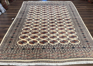 Pakistani Bokhara Rug 8x10, Traditional Turkoman Tribal Carpet, Allover Repeated Elephant Foot Motif, Ivory/Cream Black Red, Vintage Handmade - Jewel Rugs