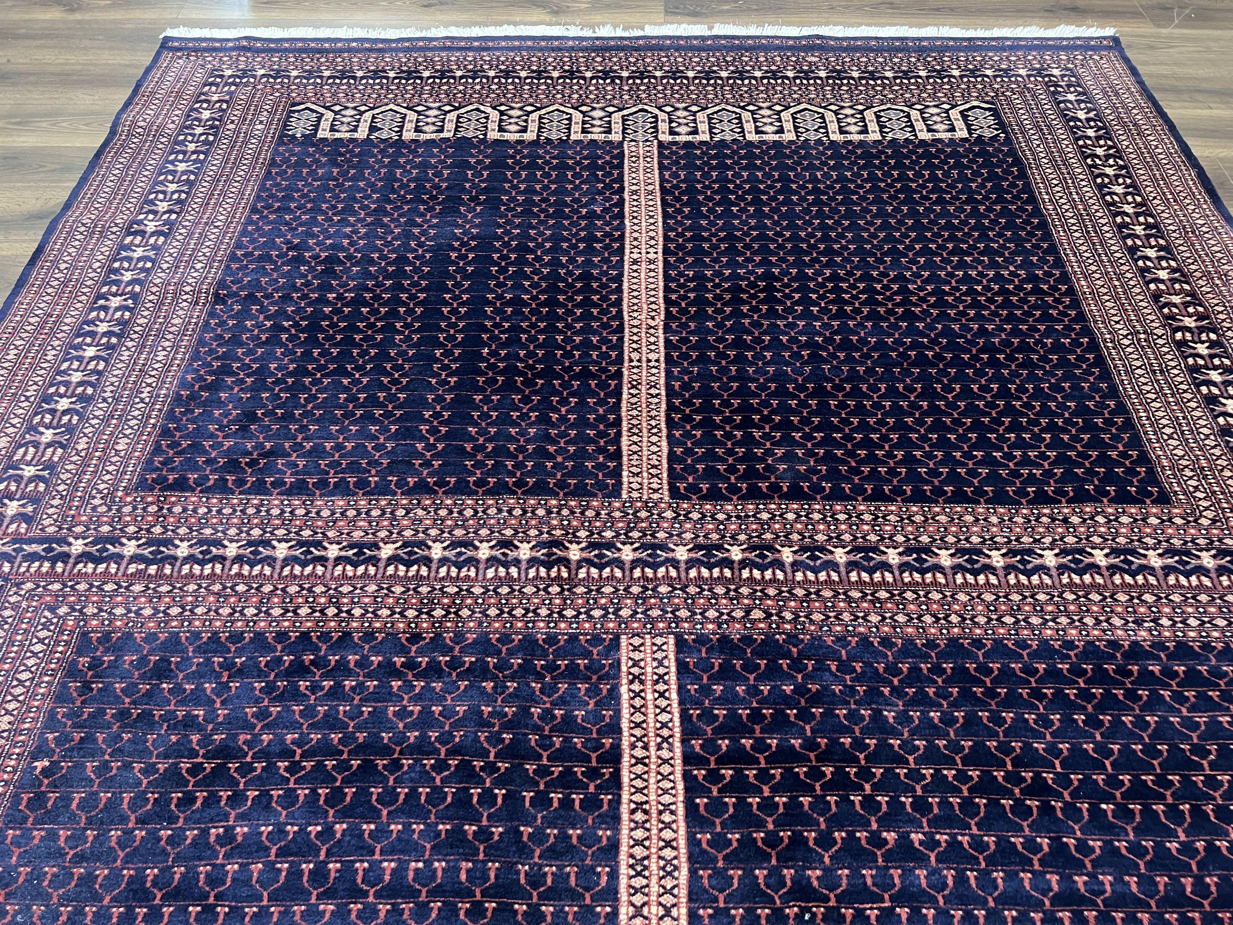 Pakistani Rug 8x11, Hand Knotted Wool Carpet, Navy Blue Red Beige, Four Season Hatchli Design, 8 x 11 Vintage Fine Oriental Rug, Room Sized - Jewel Rugs