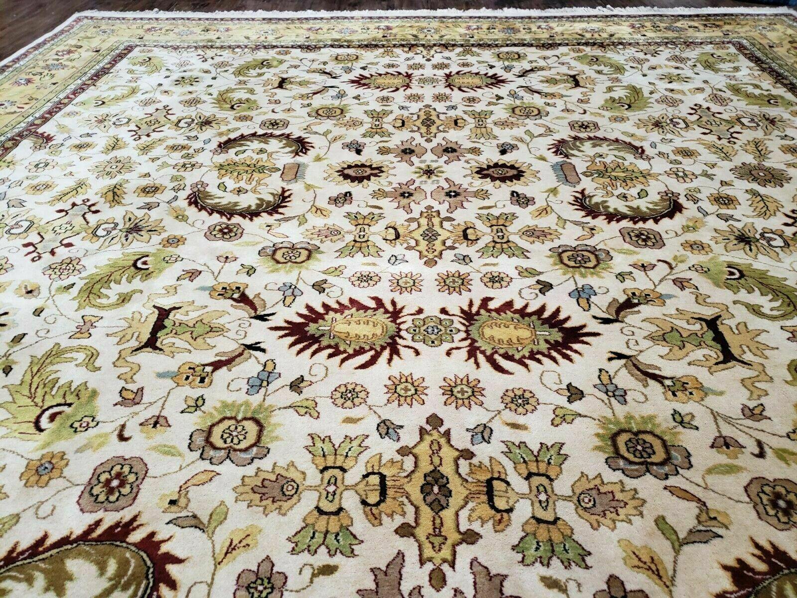 10' X 13' Vintage Hand-Knotted Made India Agra Wool Rug Vegetable Dye Ivory Gold - Jewel Rugs