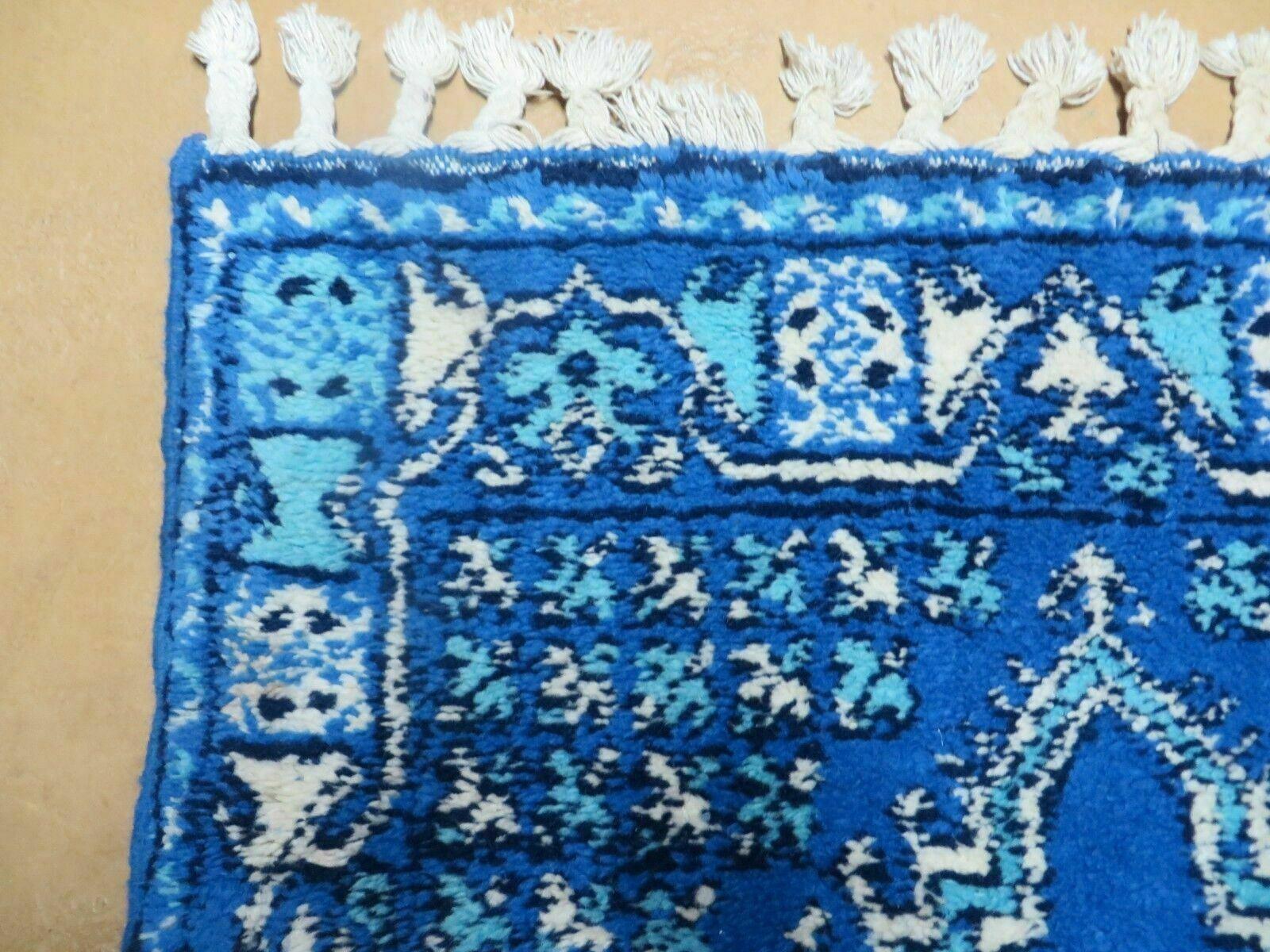 2'6" X 4'6" Vintage Hand-knotted Handmade Moroccan Urban Rabat Blue and Beige Wool Accent Rug - Jewel Rugs