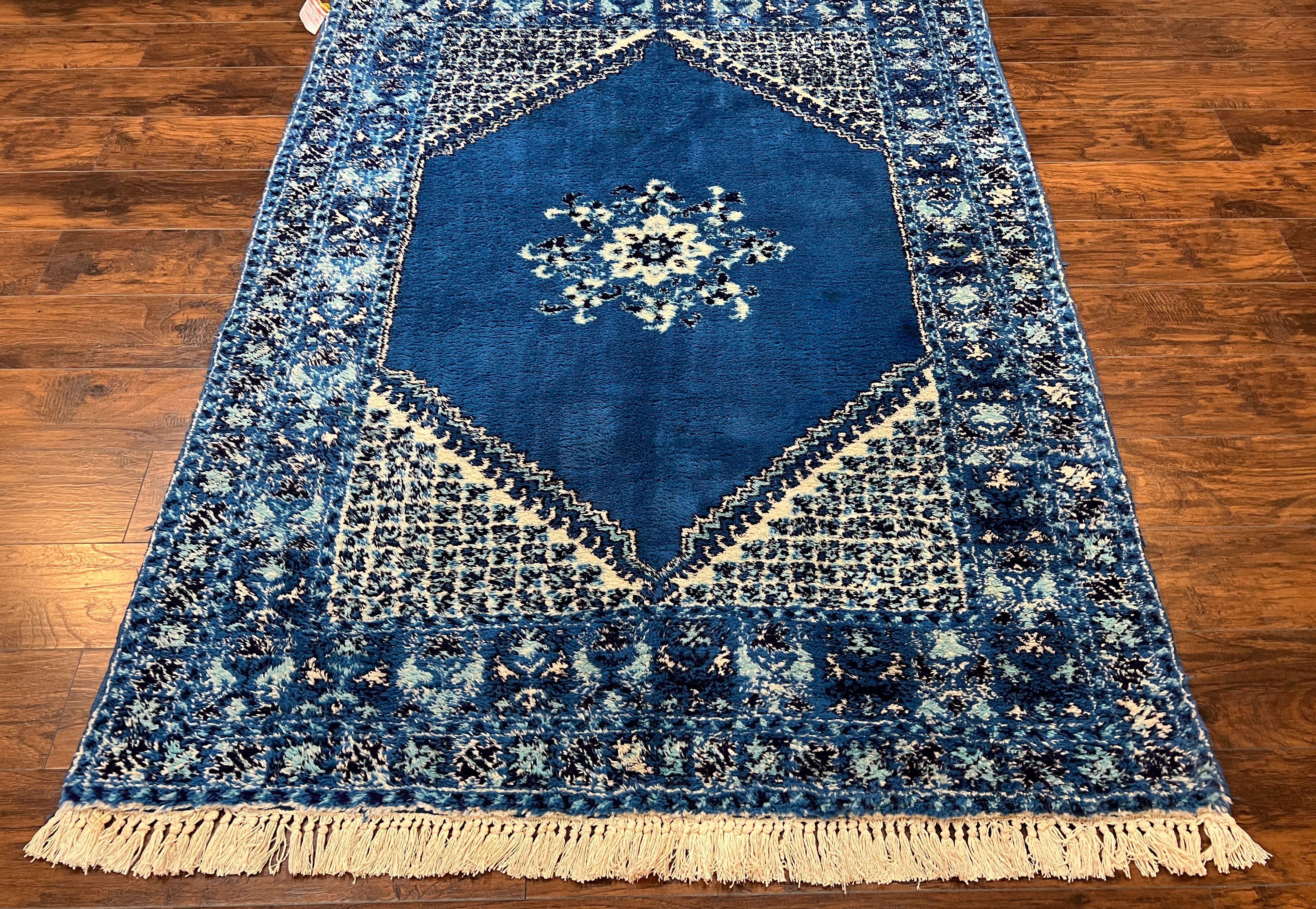 Vintage Moroccan Rug 5.6 x 7.6, Blue and Ivory Area Rug, Hand-Knotted Oriental Carpet, Geometric Medallion Open Field, Soft Wool Rug, Nice - Jewel Rugs