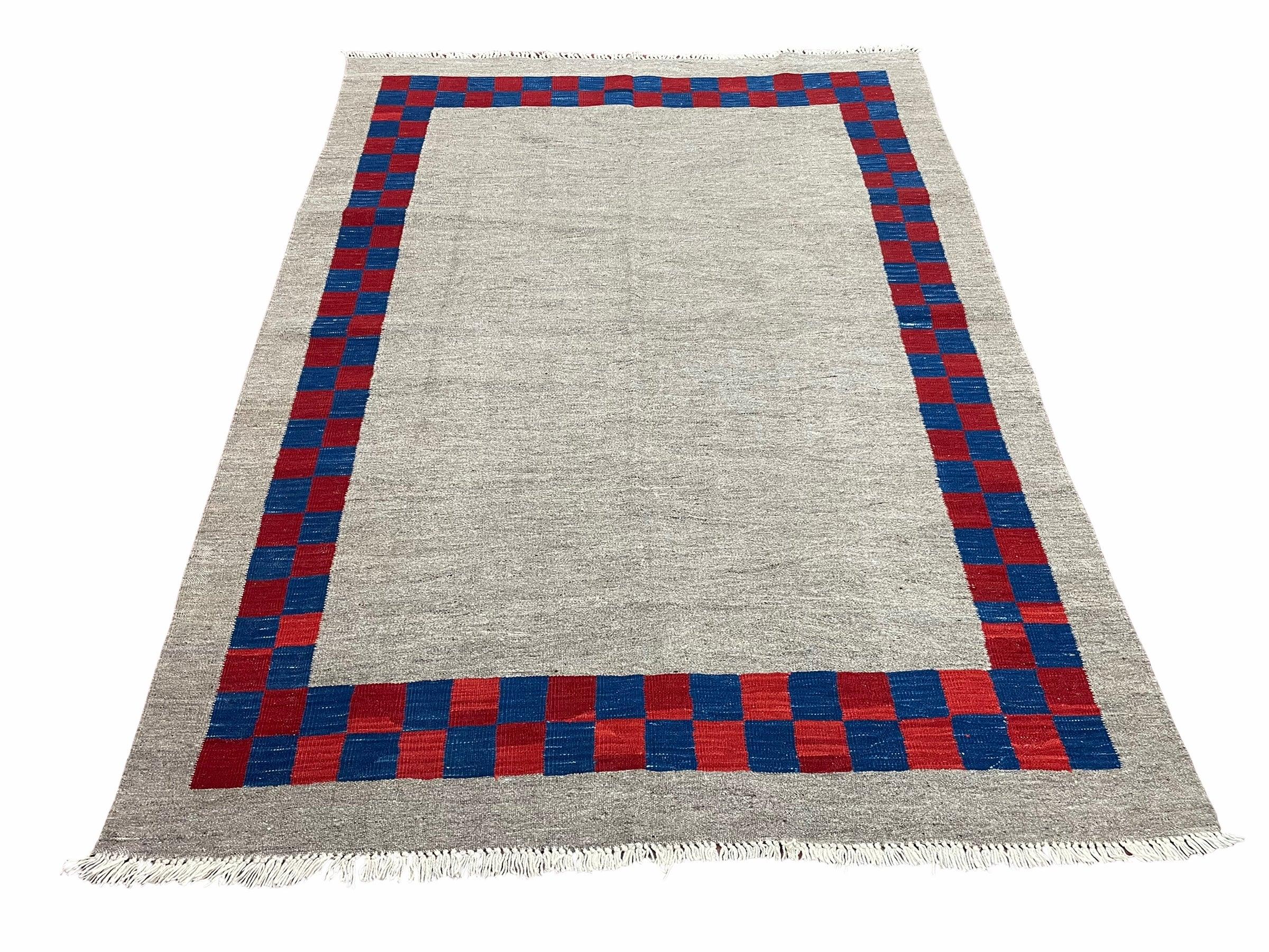 5' 7" x 7' 9" Geometric Kilim Carpet, Gray, Handmade, Hand-Knotted Area Rug, Blue & Red, Flatweave, Wool, New, Checkerboard Pattern - Jewel Rugs