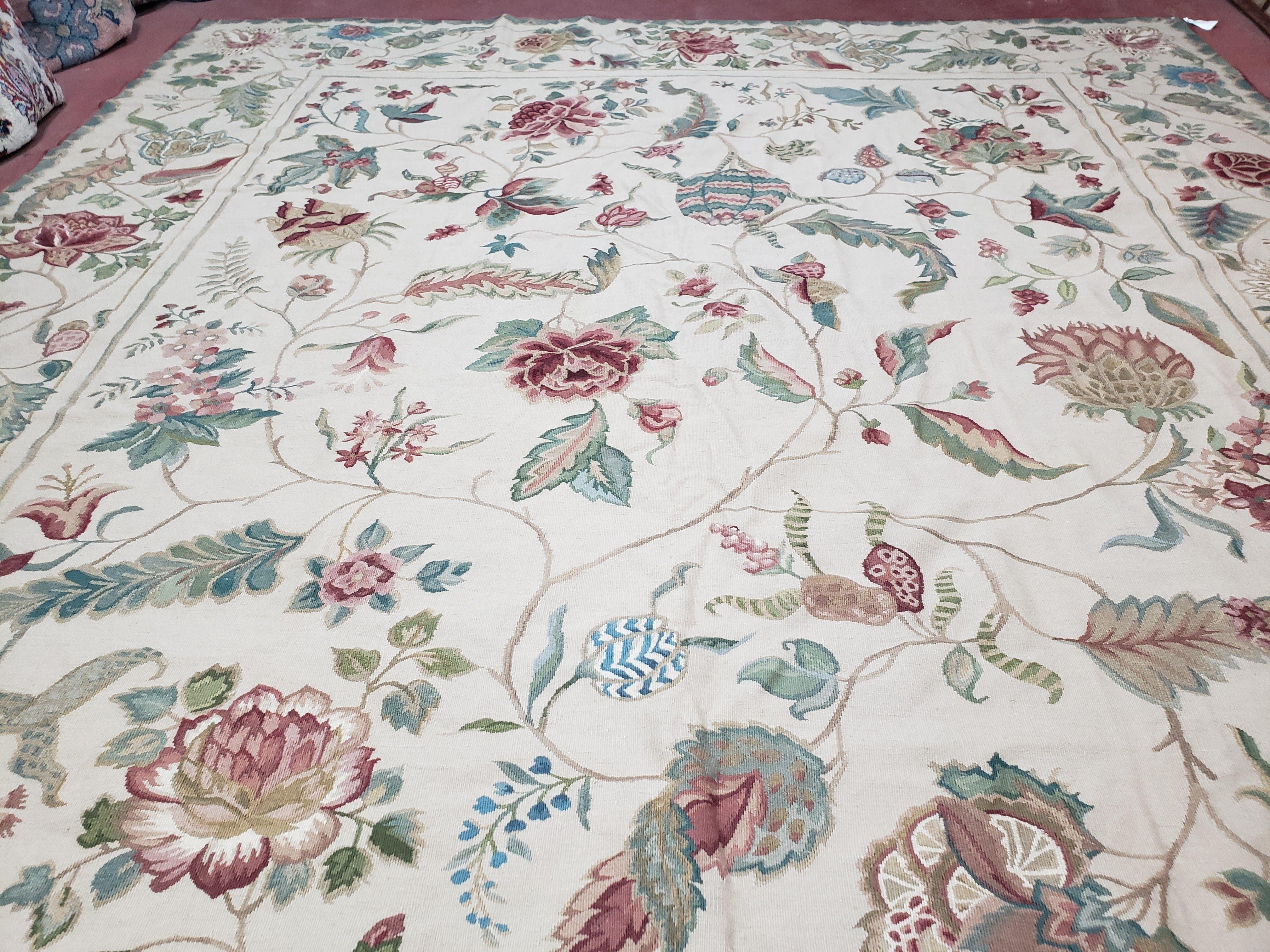 New Aubusson Rug, 10x13 Aubusson Rug, Hand-Woven Handmade, Floral Roses and Leaves, Beige/Ivory, Large Wool Flatweave Rug, 9x13 - 10x14 Rugs - Jewel Rugs