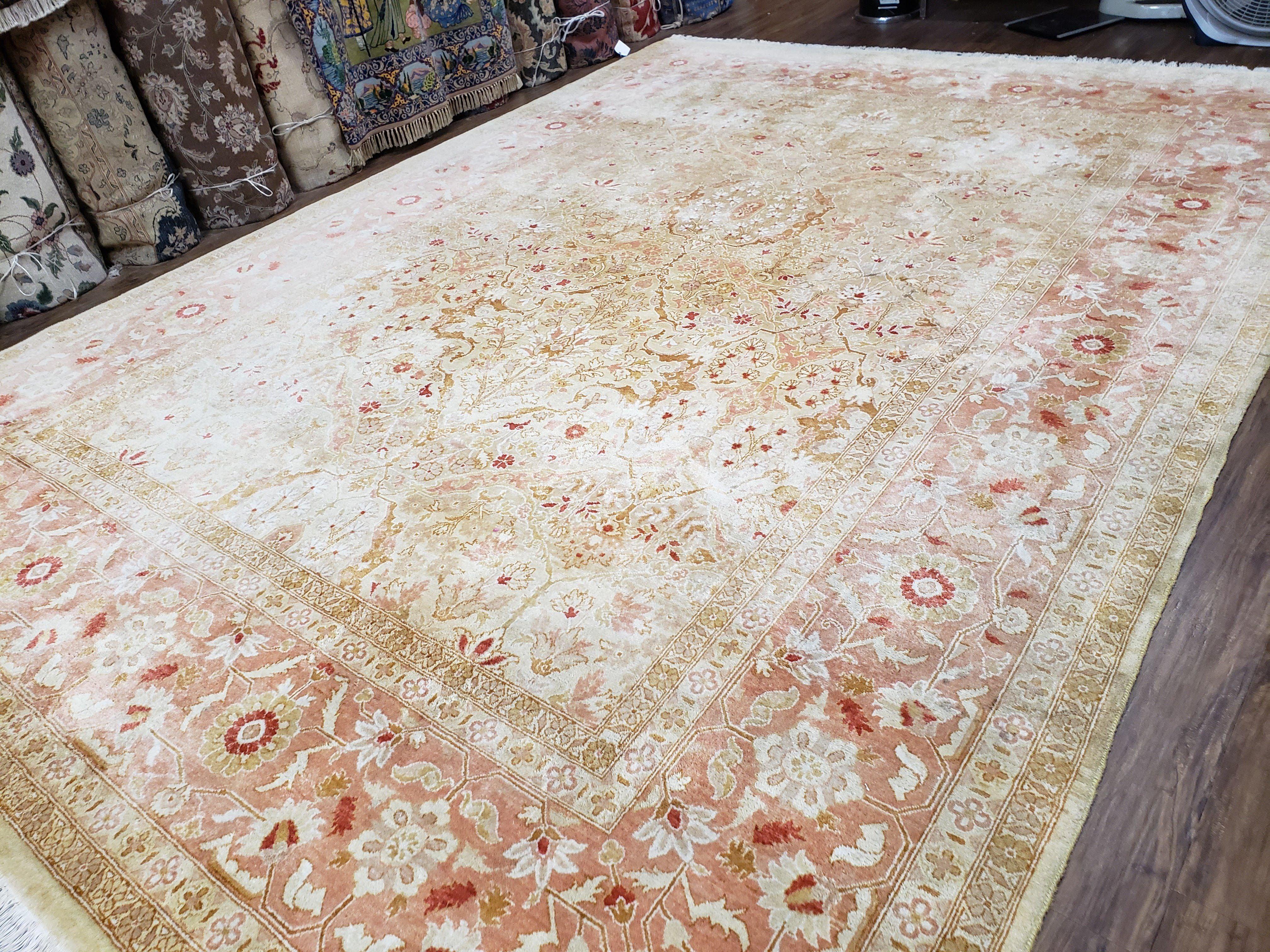 Large Turkish Oushak Rug, 9x12 - 9x13 Rugs, Vintage Turkish Oriental Carpet, Tan Salmon Pink Gold Ivory, Hand Knotted Rug, Room Sized Rug - Jewel Rugs