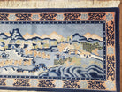 Vintage Chinese Pictorial Rug 2'4" x 4' 7", Chinese Village, Wool Hand-Knotted Blue & Teal Fine Carpet, Tapestry Rug, Woven Wall Art - Jewel Rugs